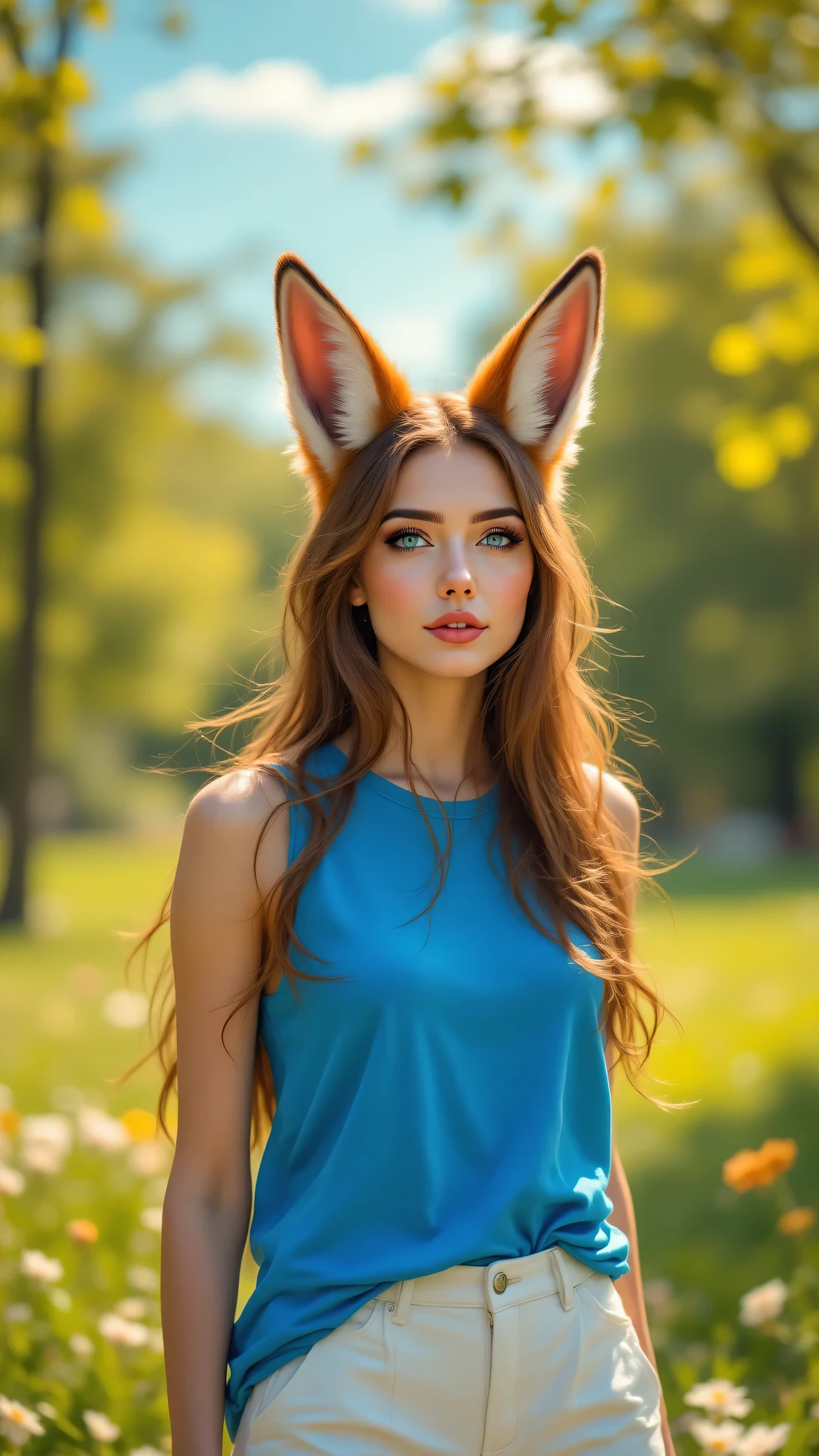 (( top quality, 8k)), ((masterpiece)), ( highest resolution), perfect face, Woman with fox ears, big tail, beautiful women, She's a college student , It was taken on the street, Only one tail, She has thick thighs, Her big fox tail , her fox tail is visible , She wags her tail, she's wearing a bow tie , She's Wearing a Bikini , , big , There is 1 tail growing on her butt , has her fox tail sticking out, Her tail is fox-colored, Face, posing