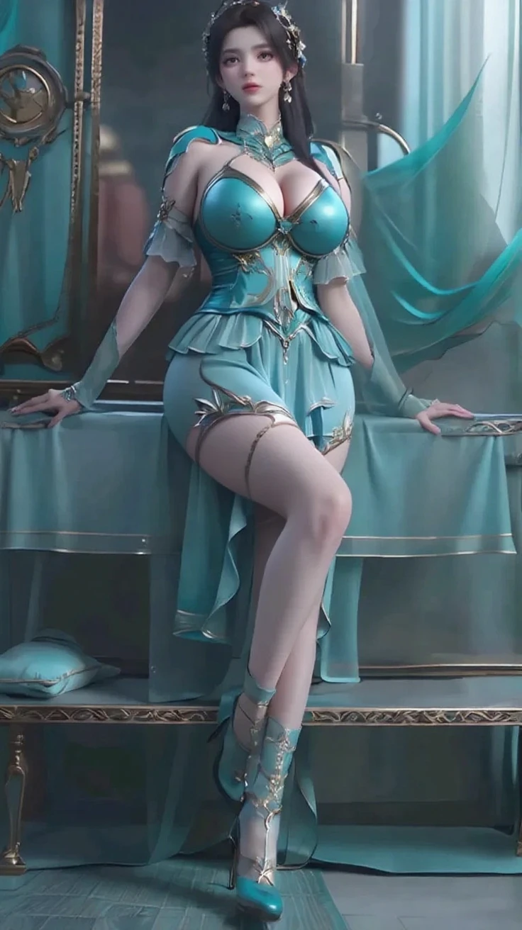 Sitting by a lake full of lotus flowers, feet playing in the water, the art depicts a charming woman with a melon face, dressed in a flowing, silky traditional oriental dress, long, aqua blue, decorated with intricate patterns and bright colors. Her dress drapes elegantly over her curvy figure, accentuating her seductive silhouette. She sits gracefully by the tranquil lotus lake, her feet playing in the water, bathed in the soft glow of the moonlight. The scene exudes an ethereal and dreamy atmosphere, with a touch of mystery and sexiness. The graphic style blends watercolor and digital illustration techniques to evoke a refined beauty and charm. The lights are filled with soft moonlight, casting soft highlights and shadows on her charming features. ???? thighs, ???????????, three-dimensional facial features, sitting, upturned legs, side braids