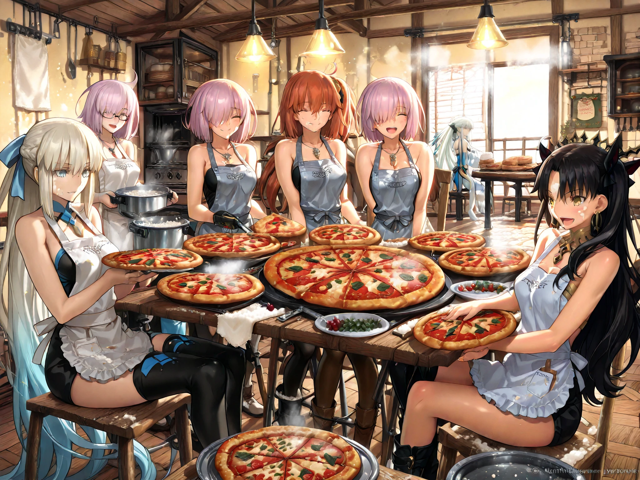 (masterpiece:1.2), (Highest Quality:1.2), (Super Detailed:1.2), (Fate/Grand Order style:1.3), (Thickly painted anime style:1.2), (anime style:1.25),
(4girls:1.3), (intimate atmosphere:1.3), ((Fate Grand Order)),
((cozy modern apartment kitchen at night)),
((four girls sitting closely around large wooden dining table, flour-dusted surface)),
((homemade pizza party in full swing)),
((freshly baked pizzas,scattered toppings,)),
(personA: fujimaru ritsuka (female), aaritsuka:1.2),
(personB: Mash Kyrielight:1.2),
(personC: Morgan le Fay (Fate):1.2),
(personD: Ishtar:1.2),
((dynamic joyful expressions, laughter, flour on faces and aprons)),
((warm pendant lighting + oven glow, steam rising, cozy and chaotic)),
(only these four people in the entire scene:1.3)