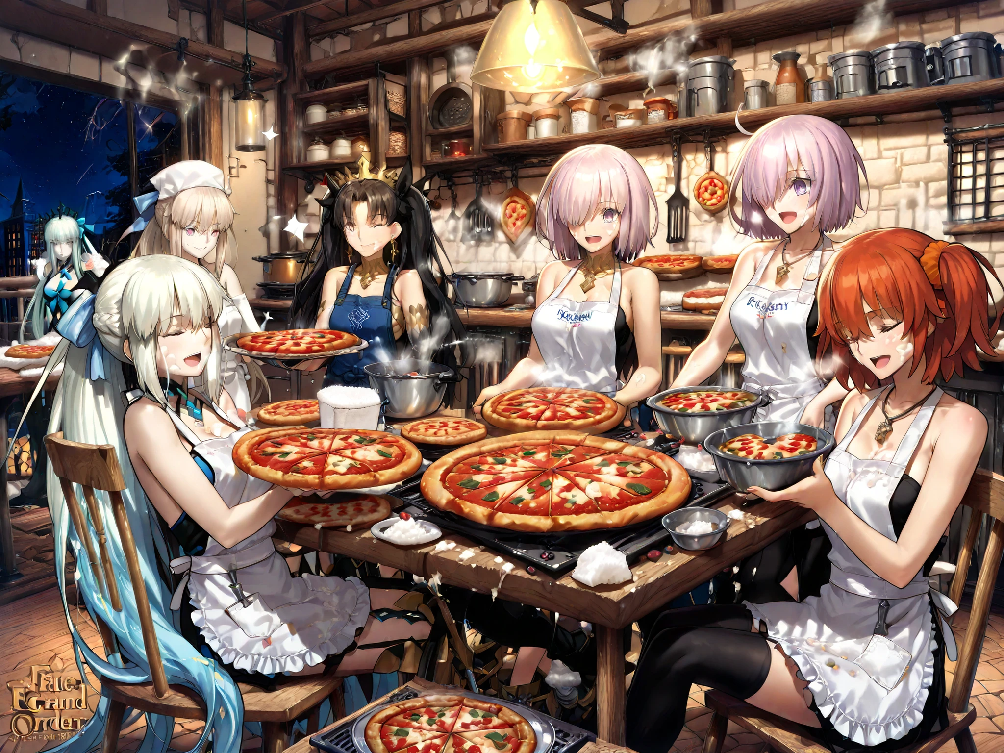 (masterpiece:1.2), (Highest Quality:1.2), (Super Detailed:1.2), (Fate/Grand Order style:1.3), (Thickly painted anime style:1.2), (anime style:1.25),
(4girls:1.3), (intimate atmosphere:1.3), ((Fate Grand Order)),
((cozy modern apartment kitchen at night)),
((four girls sitting closely around large wooden dining table, flour-dusted surface)),
((homemade pizza party in full swing)),
((freshly baked pizzas,scattered toppings,)),
(personA: fujimaru ritsuka (female), aaritsuka:1.2),
(personB: Mash Kyrielight:1.2),
(personC: Morgan le Fay (Fate):1.2),
(personD: Ishtar:1.2),
((dynamic joyful expressions, laughter, flour on faces and aprons)),
((warm pendant lighting + oven glow, steam rising, cozy and chaotic)),
(only these four people in the entire scene:1.3)