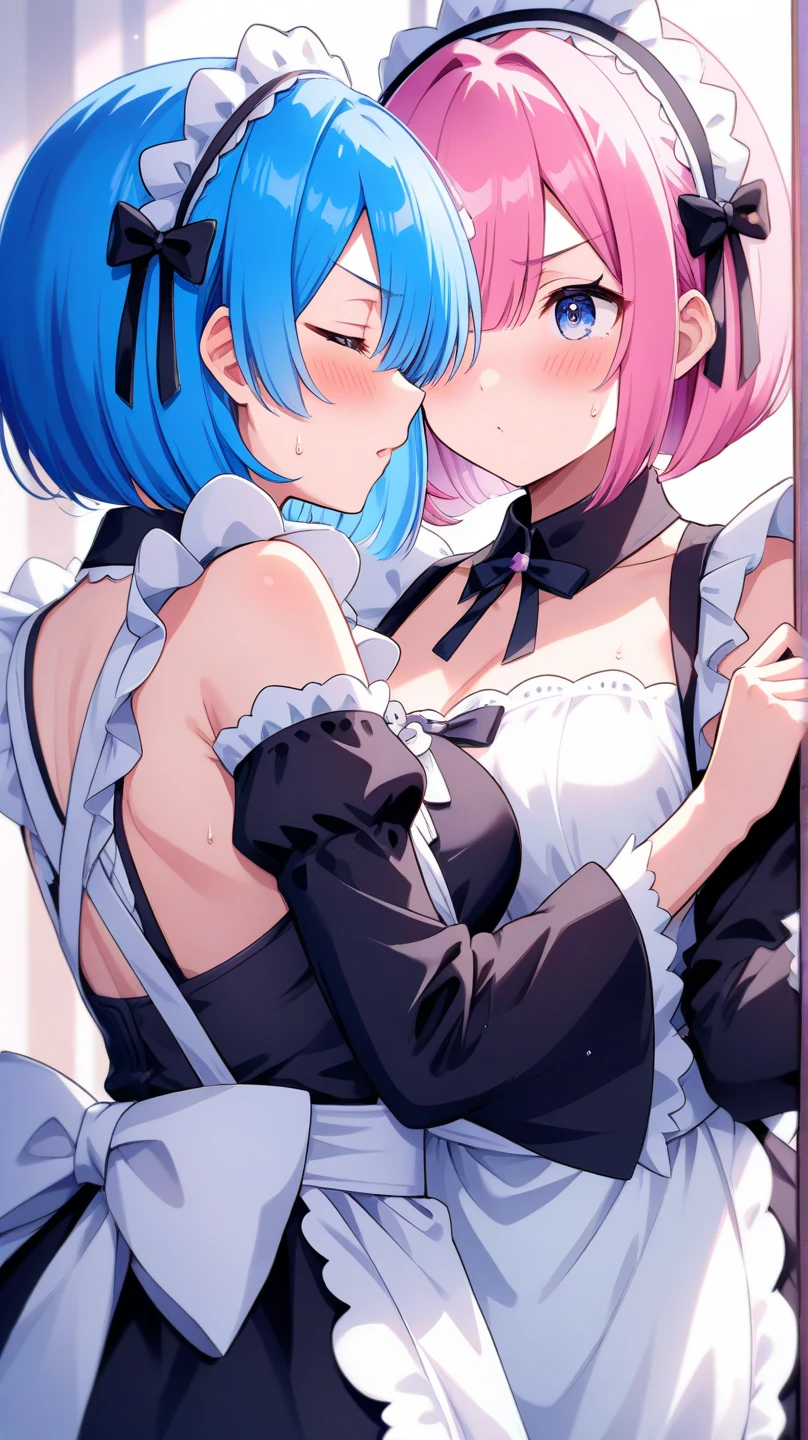 score_9, score_8_up, score_7_up, uncensored,good fingers, five fingers, best quality, high quality,anus, multiple girls, , 2girls, blue hair,  peek, virtual youtuber, thighhighs, green eyes, , panties, maid, maid headdress, , pink hair, hair ornament, looking at viewer, pillow, interlocked fingers, blue eyes, white gloves, gloves, blush, hairclip, holding hands, girls holding hands,<lora:Holding_hands_concept_Pony:1>
