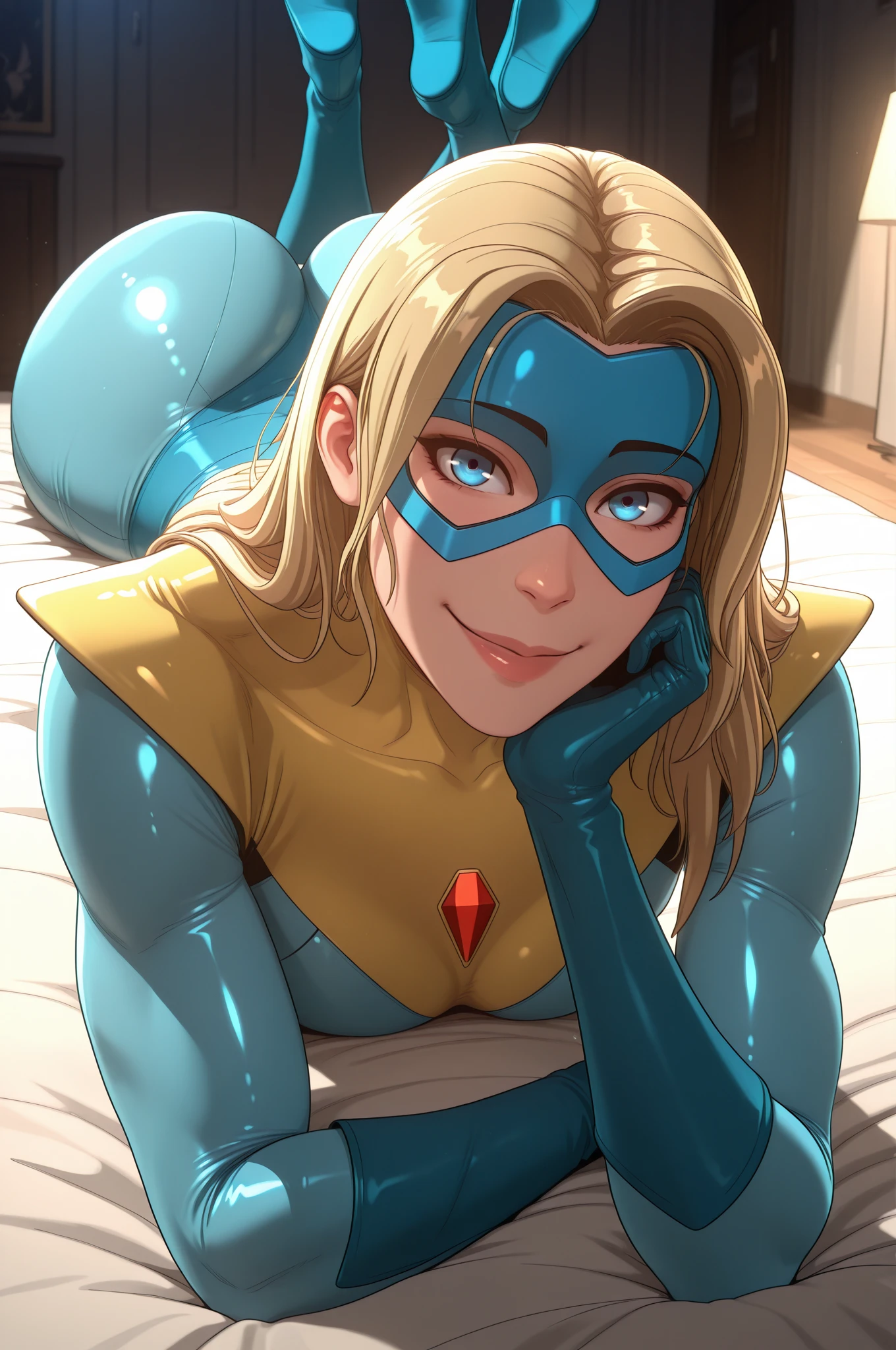 source_anime, best quality, clear face, mandy,  blonde hair, blue eyes, long hair, , perfect body, looking at viewer, smile, Marvel costume, in the city ​​at night, Lying Down, dynamic angle,  view, big  , anime girl, sfw version.