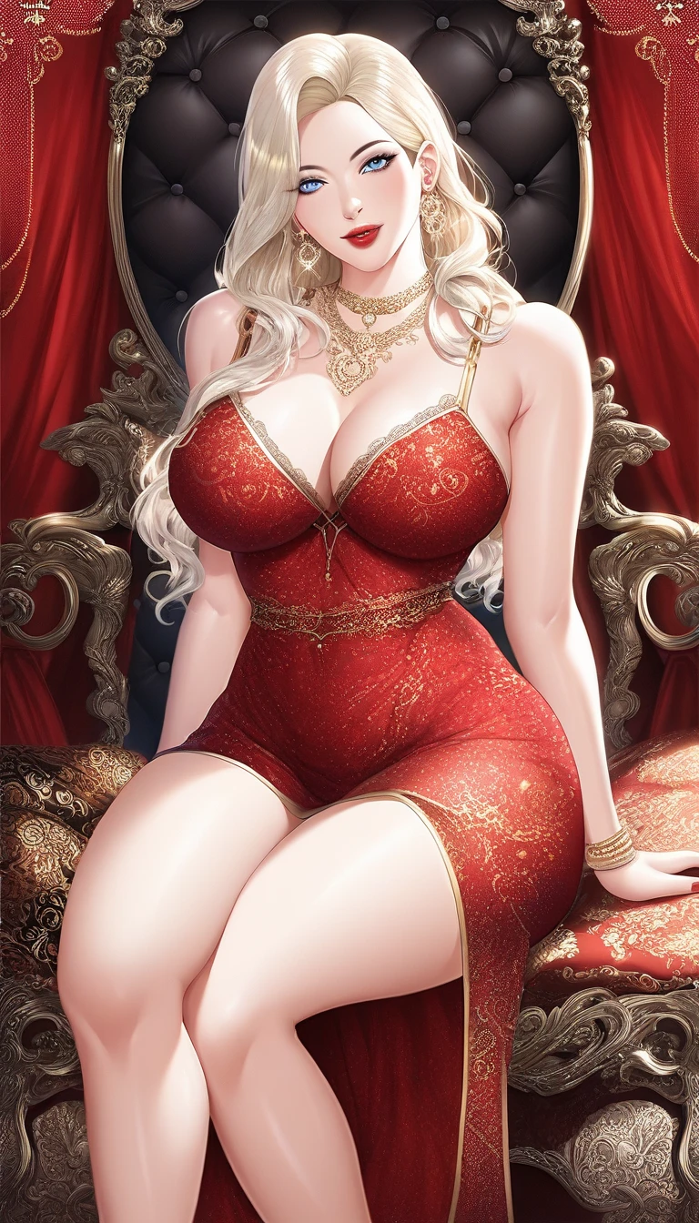 Silver hair, long flowing, golden eyes, beauty spot, earrings, large , saggy , perky , hard , cleavage, arms holding , squatting, legs spread apart, , white sheer dress, white panties, ornate, 1girl, full body, bedchamber