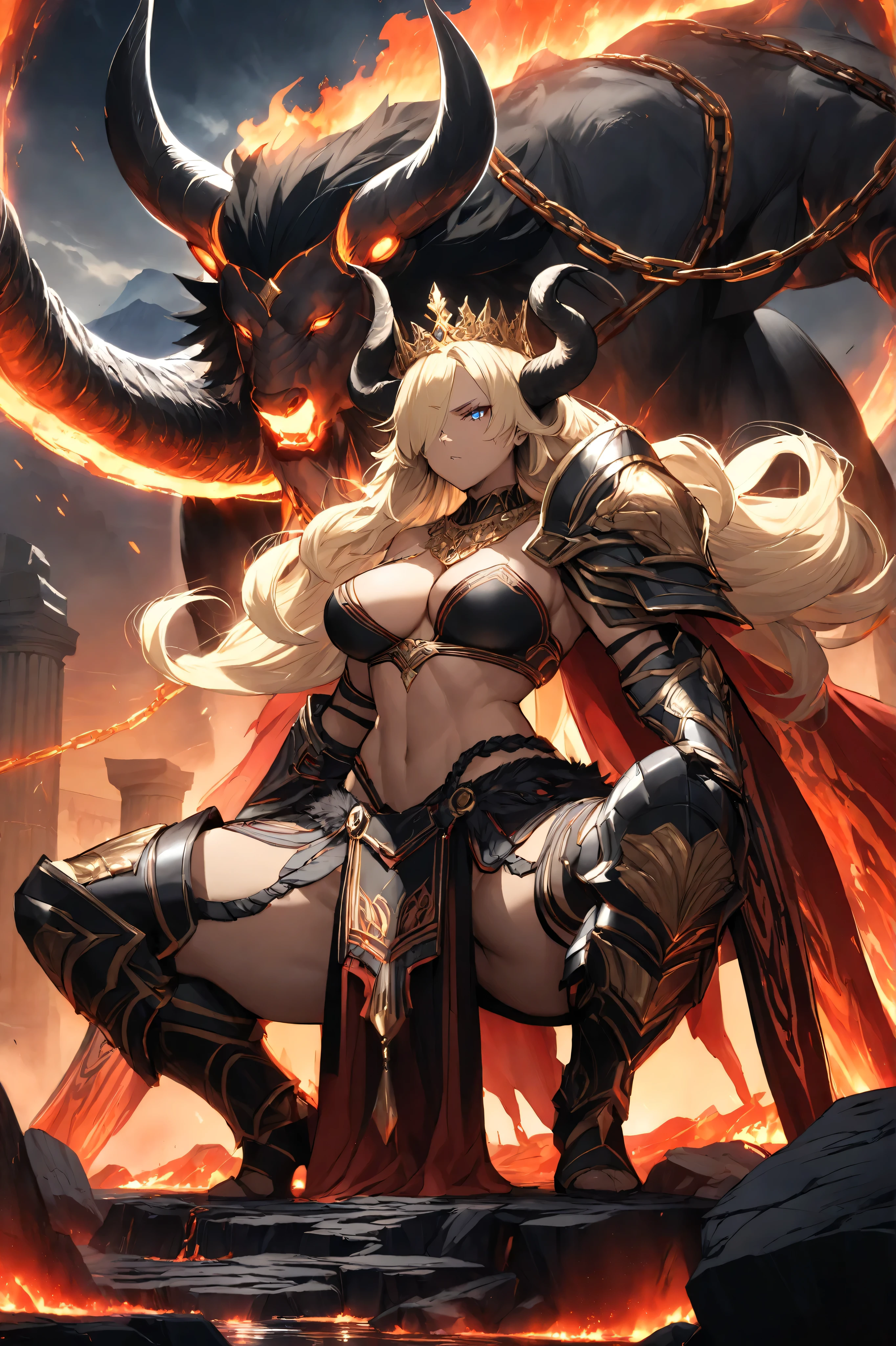 A colossal magma boy sexxy elephant emerges from a river of molten lava, its skin made of cracked obsidian and glowing with fiery veins of magma beneath. A majestic golden crown rests upon its head, radiating divine power. The creature’s tusks gleam white-hot against the dark volcanic texture of its body. The surrounding landscape is scorched and molten, with lava flowing around its massive legs, illuminating clouds of smoke and ash. The atmosphere feels apocalyptic and mythic, evoking the presence of an ancient elemental god. Highly detailed, cinematic lighting, epic fantasy creature concept art, by Greg Rutkowski and Raphael Lacoste.A powerful and mythical warrior adorned in intricate, ornate armor with ram-like horns, elaborate patterns, chains, and jewelry. Her gaze is fierce and commanding, evoking an air of ancient strength and mysticism. The armor is detailed with feathers, fur, and gemstones, blending nature and magic into a breathtaking fantasy look. The scene is dark and dramatic, emphasizing her strength and regal presence." highres, hi res, best quality, (masterpiece, detailed:1.2), (anime coloring, anime screencap:1.1), 1girl, brown skin, perfect anatomy, blonde hair, french curls, long hair, hair over one eye, blue eyes, greek godess, gold embroidery, pelvic curtain, gold necklace, athletic build, midriff, large breast, arched back, limp arms, sagging breast, cleavage, thick thighs, expressionless, kneeling, (Minotaur, black fur, loincloth, huge equine penis), penis over girls shoulder, penis on breasts, BREAK, looking at viewer, pillars, greek palace, dusk, professional lighting