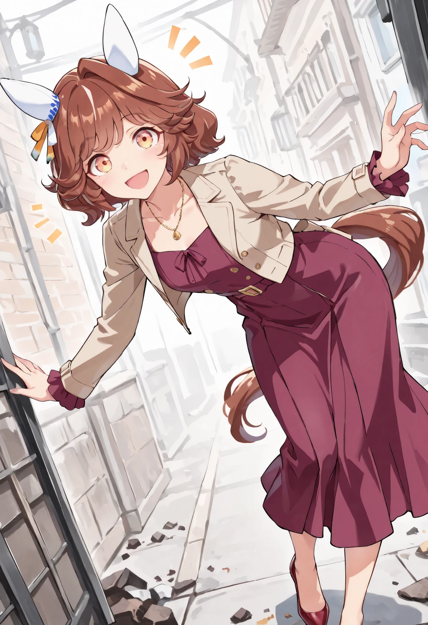 (masterpiece, best quality, perfect face:1.4), wide angle, haiseiko \(umamusume\), 1girl, brown hair, orange eyes, ear covers, horse ears, ear ornament, horse tail, tail on the lower back, proportional body, proportional,1 girl, beautiful hair, beautiful face, beautiful detailed eyes, beautiful clavicle, beautiful body, beautiful chest, beautiful thigh, beautiful legs, beautiful fingers, looking at viewer, BREAK, (light brown:1.2) tailored jacket, short jacket, light brown coat, long bell sleeves, maroon color long sundress with square neckline, long dress-hem, maxi-length, simple necklace, dark red pumps with heels, ecstatic expression, Ergonomically Correct Body, textured skin, realistic skin, HDR, BREAK, (perfect hands, perfect anatomy),