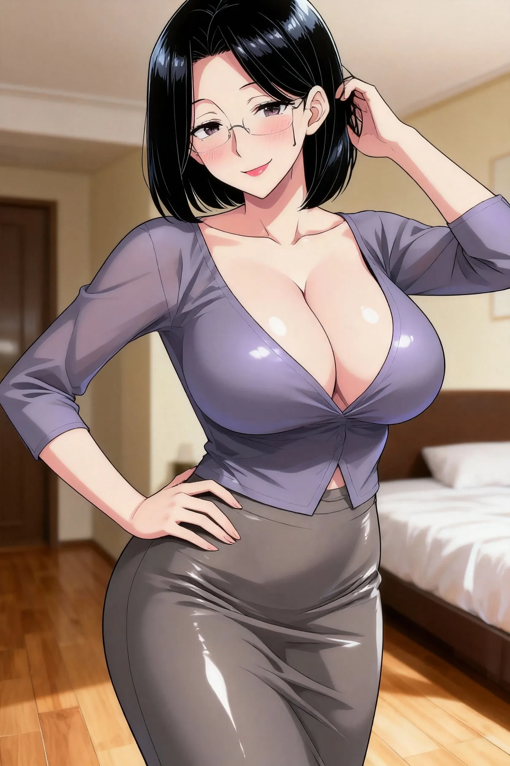 (Highest quality:1.5, High resolution, 超High resolution, 4K, Detailed lighting, Shaders), Black Hair, Bobcut, (Hair covering one eye), cool woman, woman, Narrow eyes, Sharp eyes, blue eyes, beautiful, Indoor Background, Casual clothing, , Diverse Perspectives、Cleavage