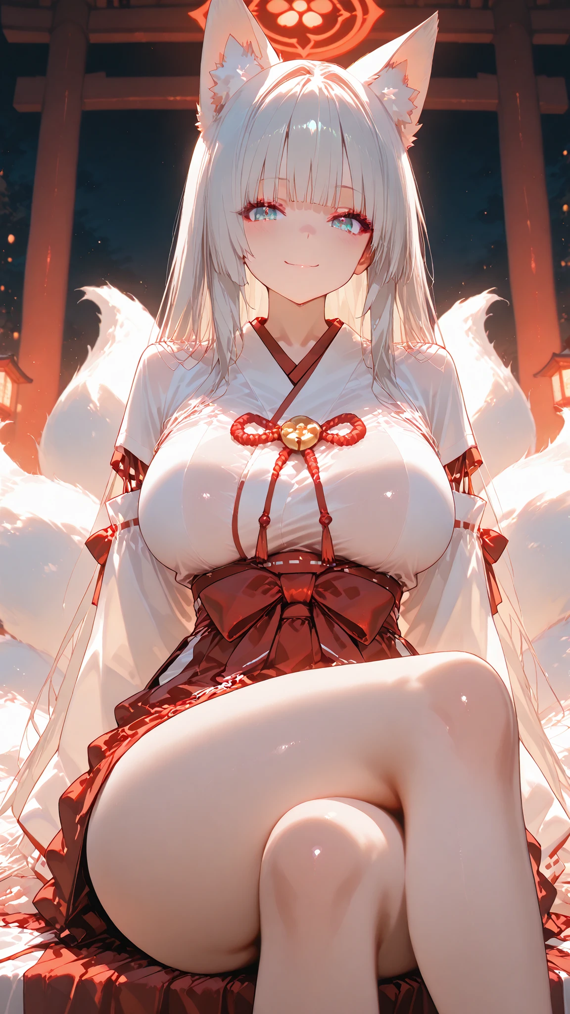 masterpieces,ultra detailed,ultra high resolution,fox ear,Smile,gray hair,hime cut,Aqua Blue Eyes,red and white shrine maiden costume,see-through,large breast silhouette that can be seen through,perfect makeup and long false eyelashes,attractive thighs,string panties,sitting,crossed legs,black background,fantastic landscape illuminated by neon light,Glowing light particles