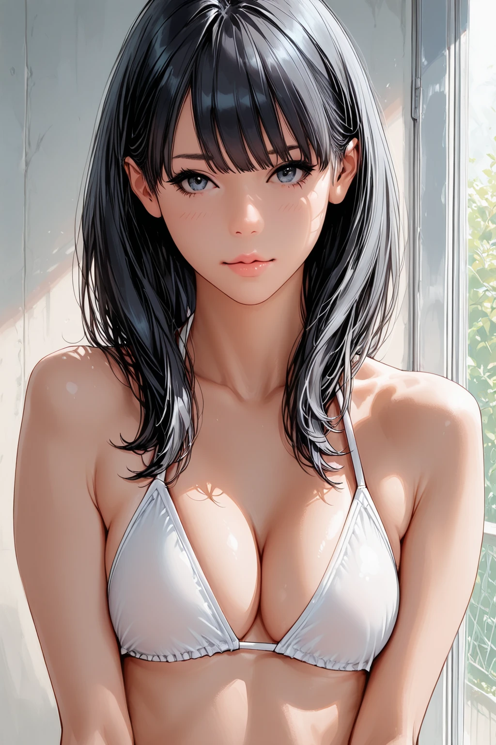 High resolution 8K, armpit pose, Armpit, Armpit, Light illuminating the armpits, ​masterpiece, Top image quality, high resolution, under the armpits:1.5, Under the slimy armpits, solo, (covered :0.8), Red Plunge leotard, short bob Hairstyle, Silver hair, Locker Room, dress room, no-bra, Upper body only, Armpit Light, A smile, A slight smile, Brown eyes, Detailed wrinkles in the armpits, realistic armpit, Wet armpits, Glossy armpits, Oiled shiny armpits, Stand straight at us, Raise both hands, Sweaty face, red lipsticks, Athletics Stadium Locker Room, I'm looking at the armpits, Navel is visible, (Natural skin texture Vibrant details, hyper realistic)