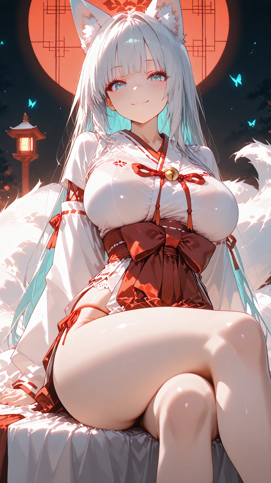 masterpieces,ultra detailed,ultra high resolution,fox ear,Smile,gray hair,hime cut,Aqua Blue Eyes,red and white shrine maiden costume,see-through,large breast silhouette that can be seen through,perfect makeup and long false eyelashes,attractive thighs,string panties,sitting,crossed legs,black background,fantastic landscape illuminated by neon light,Glowing light particles