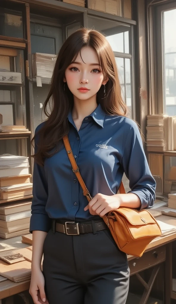 ((top-quality))、((​masterpiece))、((realisitic))、Stunning illustration of girl in uniform posing confidently in modern classroom。How to achieve the best quality、The artwork is very detailed and high resolution(8K)Must be created with。It should be realistic and realistic in style with soft natural lighting。colour grading、Must be done professionally to increase the captivating presence of the subject。The work shows the charm and beauty of women、Should exude confidence。It should be at eye level and、、It must be scenic、It should be a masterpiece. 35 year old female.、