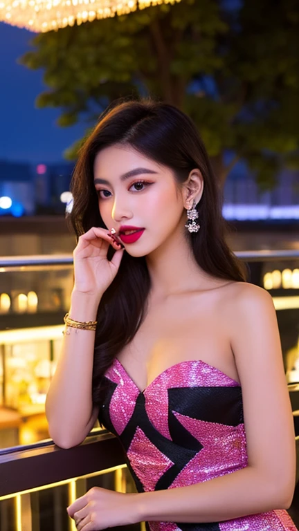 Lebanese woman, diamond dangling earrings, necklace, bracelets, small breasts, 40 years old, smokey eyes, cleavages, red lips, innocent face, pink fashion ball gown, stylish hairstyle, posing, modeling,