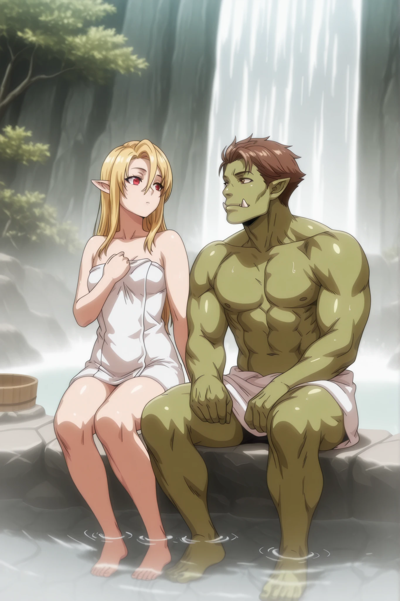 full body, look at each other,  (SFW)
couple,  
\(1girl, (female orc), green skin, muscular, medium breasts, brown hair, short hair, tusks, brown eyes, holding\),  
\(1girl, female, elf, pale skinned, slim, small breasts, blonde hair, long hair, red eyes\),  
bathing, covering towels, 
hot spring, waterfall,  
fantasy, realistic style of species  
