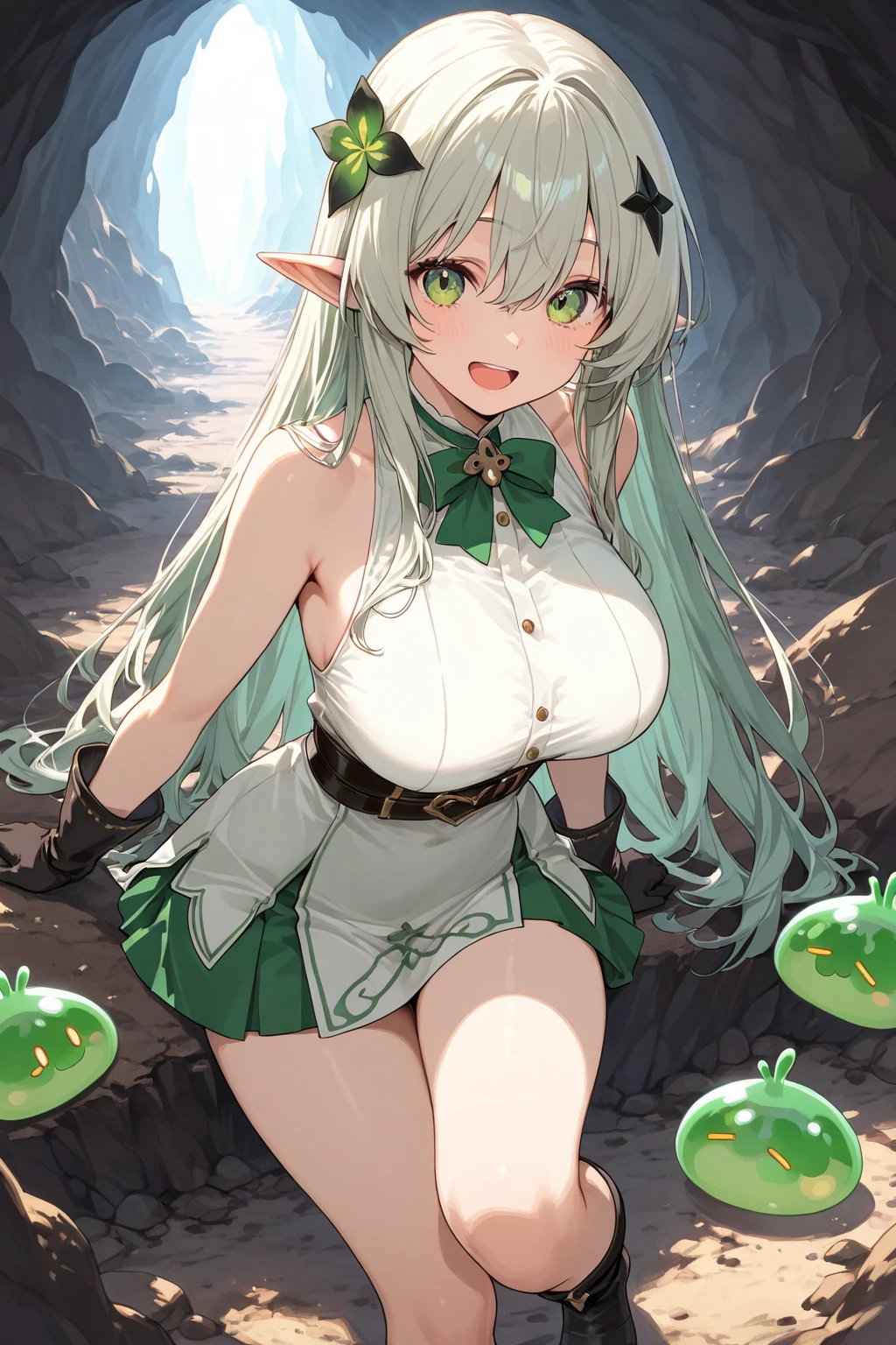 score_9, score_8_up, score_7_up, score_6_up, score_5_up, score_4_up, 
gradient background, 
refraction, caustics, rim lights, backlighting, bloom, 
BREAK
source_anime, night, outdoors, sky, night sky, forest, tree, bush, shrub, green theme, 
BREAK
1girl, light green hair, large breasts, elf, breast curtains, pelvic curtain, 
from above, from side, looking at viewer, 
holding staff, staff, 
<lora:Laserflip-v1-PDXL:1>