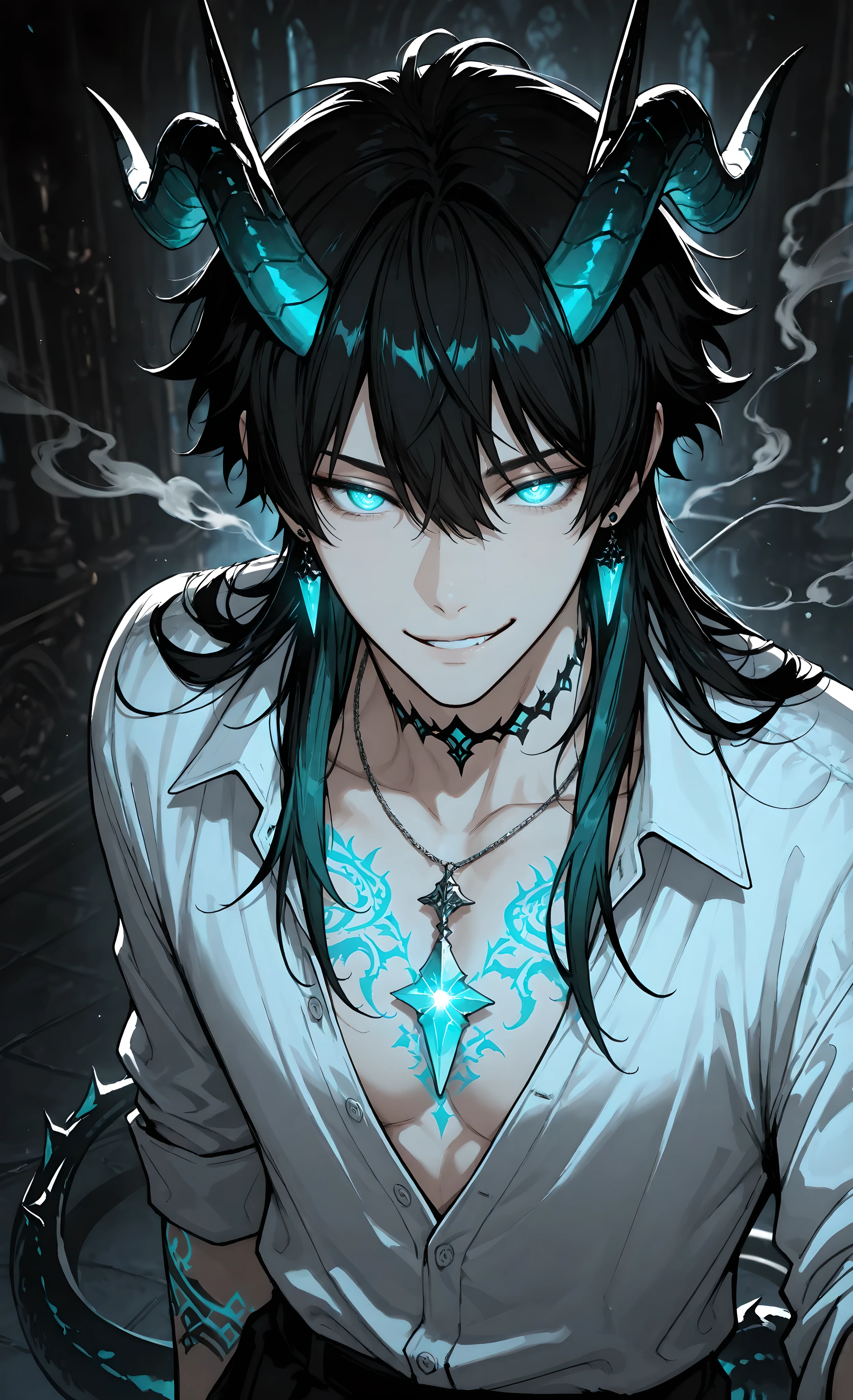 (masterpiece, best quality, detailed eyes, 8k),(anime style, dark fantasy, gothic aesthetic, male focus, detailed illustration, glowing effects, horns, tattoos, intricate details, jewelry, tail, supernatural, mysterious atmosphere, cinematic lighting, close-up, smirk, half-body, smoke, ethereal, captivating ambiance) 1 handsome young man, Asian descent, supernatural being. He has dark flowing hair, a mischievous smirk, and striking teal glowing eyes. Two luminous teal horns emanate from his head. He wears a partially unbuttoned white dress shirt, revealing intricate tattoos and detailed cyan glowing markings on his chest, neck, and arms. Teal crystal earrings and a matching pendant necklace. A dark, serpentine tail with glowing cyan patterns coils near him. Close-up, upper body shot, alluring and intimate pose. Dramatic lighting in a dark, smoky, ethereal background. View from above