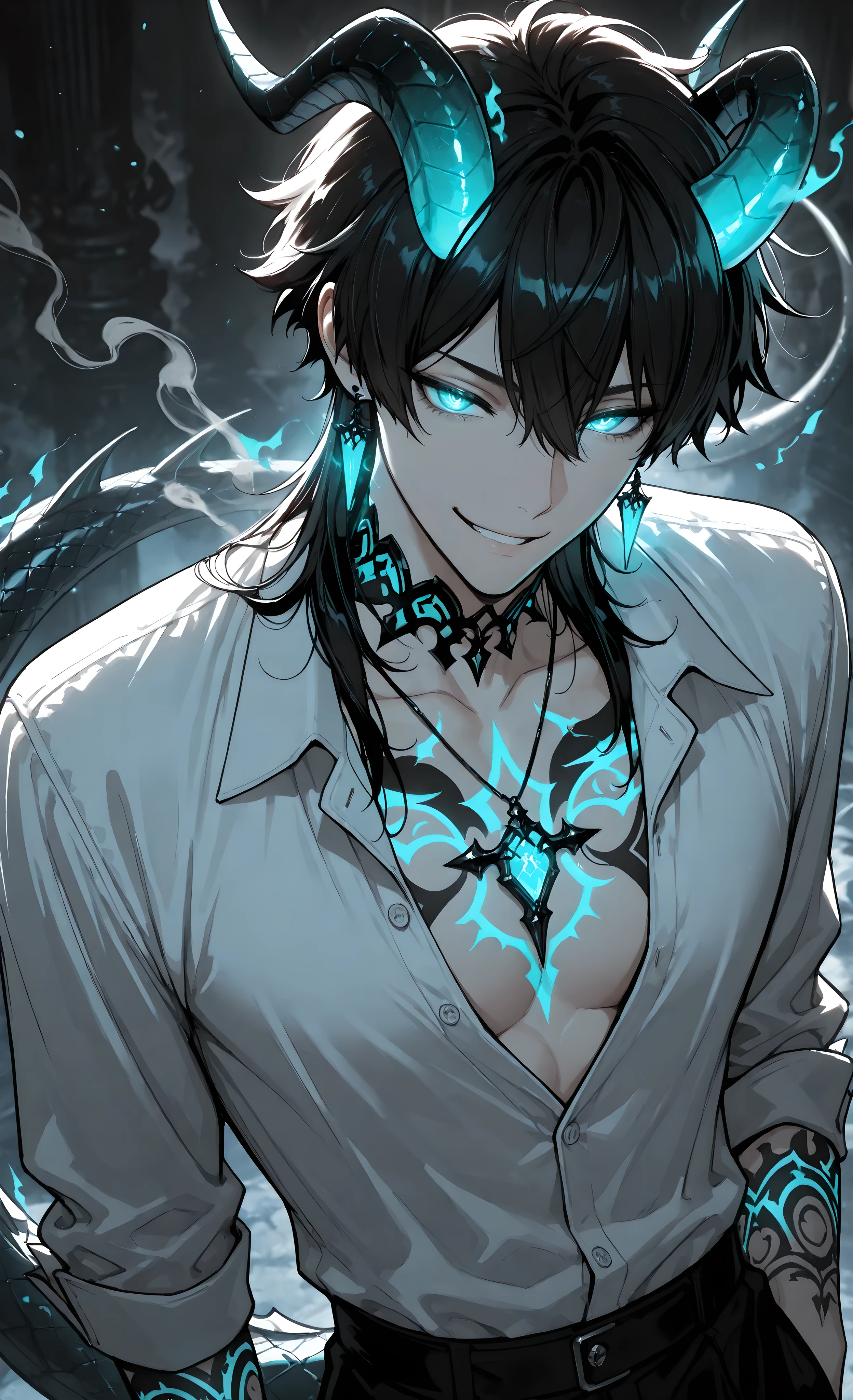 (masterpiece, best quality, detailed eyes, 8k),(anime style, dark fantasy, gothic aesthetic, male focus, detailed illustration, glowing effects, horns, tattoos, intricate details, jewelry, tail, supernatural, mysterious atmosphere, cinematic lighting, close-up, smirk, half-body, smoke, ethereal, captivating ambiance) 1 handsome young man, Asian descent, supernatural being. He has dark flowing hair, a mischievous smirk, and striking teal glowing eyes. Two luminous teal horns emanate from his head. He wears a partially unbuttoned white dress shirt, revealing intricate tattoos and detailed cyan glowing markings on his chest, neck, and arms. Teal crystal earrings and a matching pendant necklace. A dark, serpentine tail with glowing cyan patterns coils near him. Close-up, upper body shot, alluring and intimate pose. Dramatic lighting in a dark, smoky, ethereal background. View from above