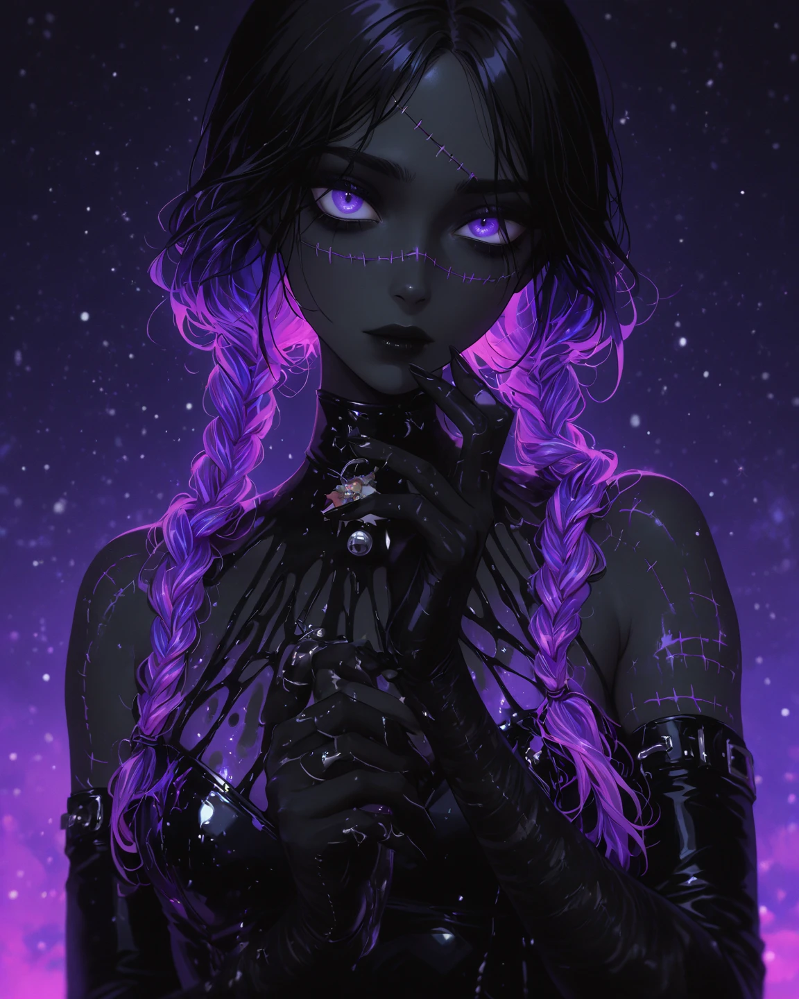 Realistic, high resolution, 1 girl, white wavy hair, Swedish, violet eyes, arrogant attitude, (dark night setting, lights out, dark:1.5),  body, small moles under the eyes, Goth Rock edgy outfit, large , thighs,  visible Masterpiece, realism (photo:1.3), Purple and onyx colour theme, (neon horns, glowing eyes, glowing hair:1), underlit neon, dark room, dim lighting, --auto --s2