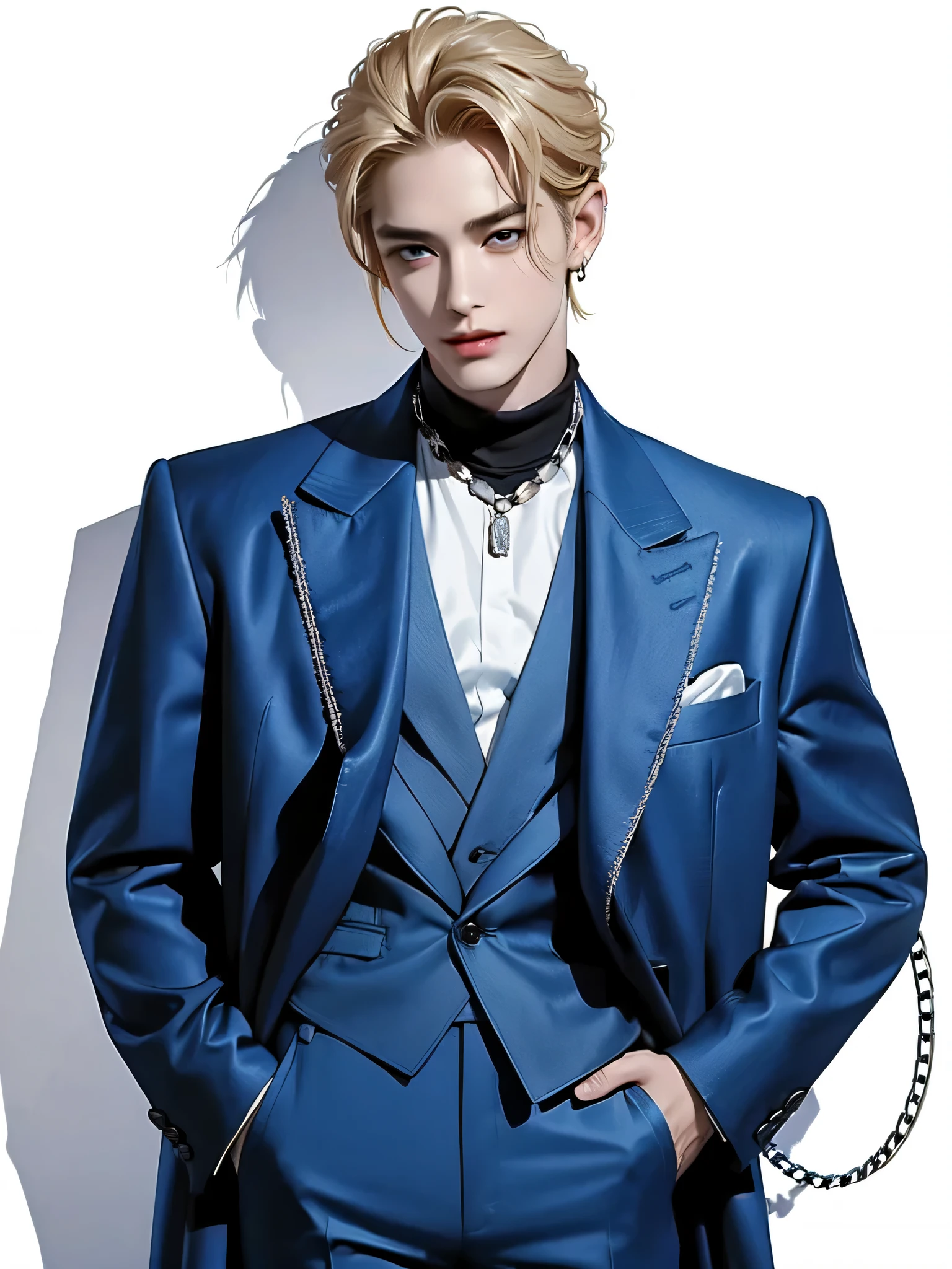 4k)) ((very high quality)) ((white background)) (( blue suit with chains)) (( blue pants)) Участник группы K-pop, Sungmin — tall, A slender young man with soft, with aristocratic features. His blonde hair is neatly styled — his bangs are long, falls on his forehead, giving the image a slight carelessness. He has deep brown eyes with a warm, romantic look and a gentle smile, that makes his heart beat faster.
On it:
is dressed in an official costume look, combining classic and eccentric: The blue jacket with silver chains. Under the jacket is a transparent mesh shirt or skintone top, earring that gives a hint of audacity. On it узкие брюки с высокой талией, slightly flared down, decorated with a decorative chain and neat silver thread stitching. Accessories: one massive, thin rings, An elegant silver neckline.
(( full-length pose )) ((looking at me)) ((hands relaxed)) (( blonde)) ((detailed face)) (( hands in pocket) (( full-length pose )) (( standing straight )) ((bam, covering her forehead )) ((standing straight))