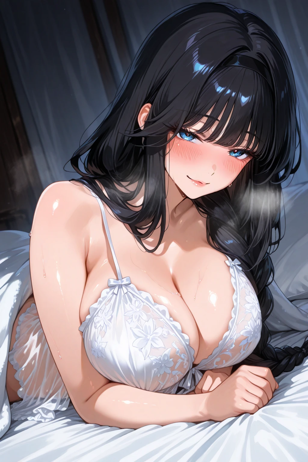 Bedroom, lying down, black hair, solo, muscular, thick, navel, open clothes, see through dress, blush, angry face, protruding areola, POV ,wet cleavage, (thick thighs), 4k hd, ultra realistic, perfect body, perfect lips, perfect nose, perfect eyes, nice deatiled belly, see through clothing, spread legs, looking at the viwer.