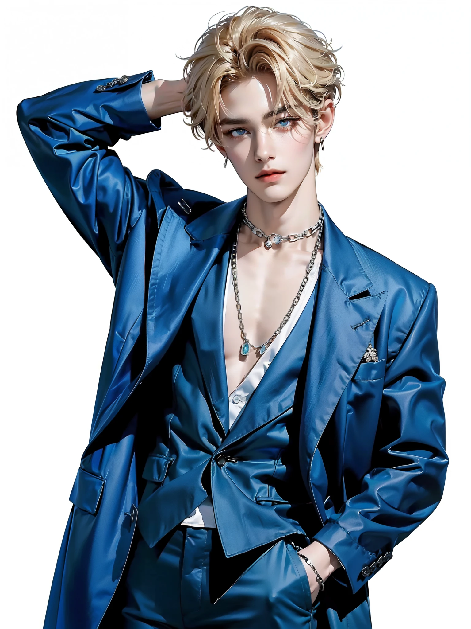4k)) ((very high quality)) ((white background)) (( blue suit with chains)) (( blue pants)) Участник группы K-pop, Sungmin — tall, A slender young man with soft, with aristocratic features. His blonde hair is neatly styled — his bangs are long, falls on his forehead, giving the image a slight carelessness. He has deep brown eyes with a warm, romantic look and a gentle smile, that makes his heart beat faster.
On it:
is dressed in an official costume look, combining classic and eccentric: The blue jacket with silver chains. Under the jacket is a transparent mesh shirt or skintone top, earring that gives a hint of audacity. On it узкие брюки с высокой талией, slightly flared down, decorated with a decorative chain and neat silver thread stitching. Accessories: one massive, thin rings, An elegant silver neckline.
(( full-length pose )) ((looking at me)) ((hands relaxed)) (( blonde)) ((detailed face)) (( hands in pocket) (( full-length pose )) (( standing straight )) ((bam, covering her forehead )) ((standing straight))