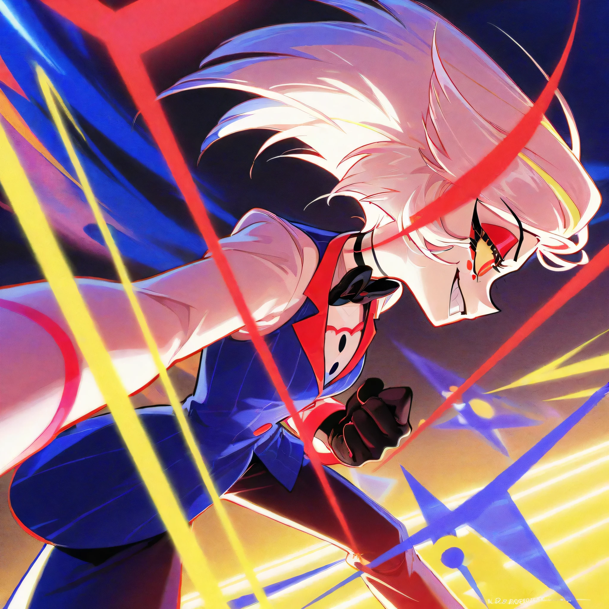 An abstract composition in the Bauhaus style, with simple geometric shapes such as circles, squares, and triangles in primary colors (red, blue, yellow), neutral tones (black, white, gray), and a light background. Profile photo of a face, 1 girl, alone, Hazbin Hotel, red colors, miniature style, neon lights, striking pose, designer clothes, elaborate jewelry, mischievous smile, winking, long white hair with vibrant highlights, expressive eyes, punk rock aesthetic, dynamic composition, fun and confident aura, 4k, ultra-detailed, flawless. Minimalist and balanced design, straight lines and smooth curves, symmetrical layout and strong visual contrast. Elements inspired by European modernism of the 1920s, with clean typography and functionalist aesthetics.