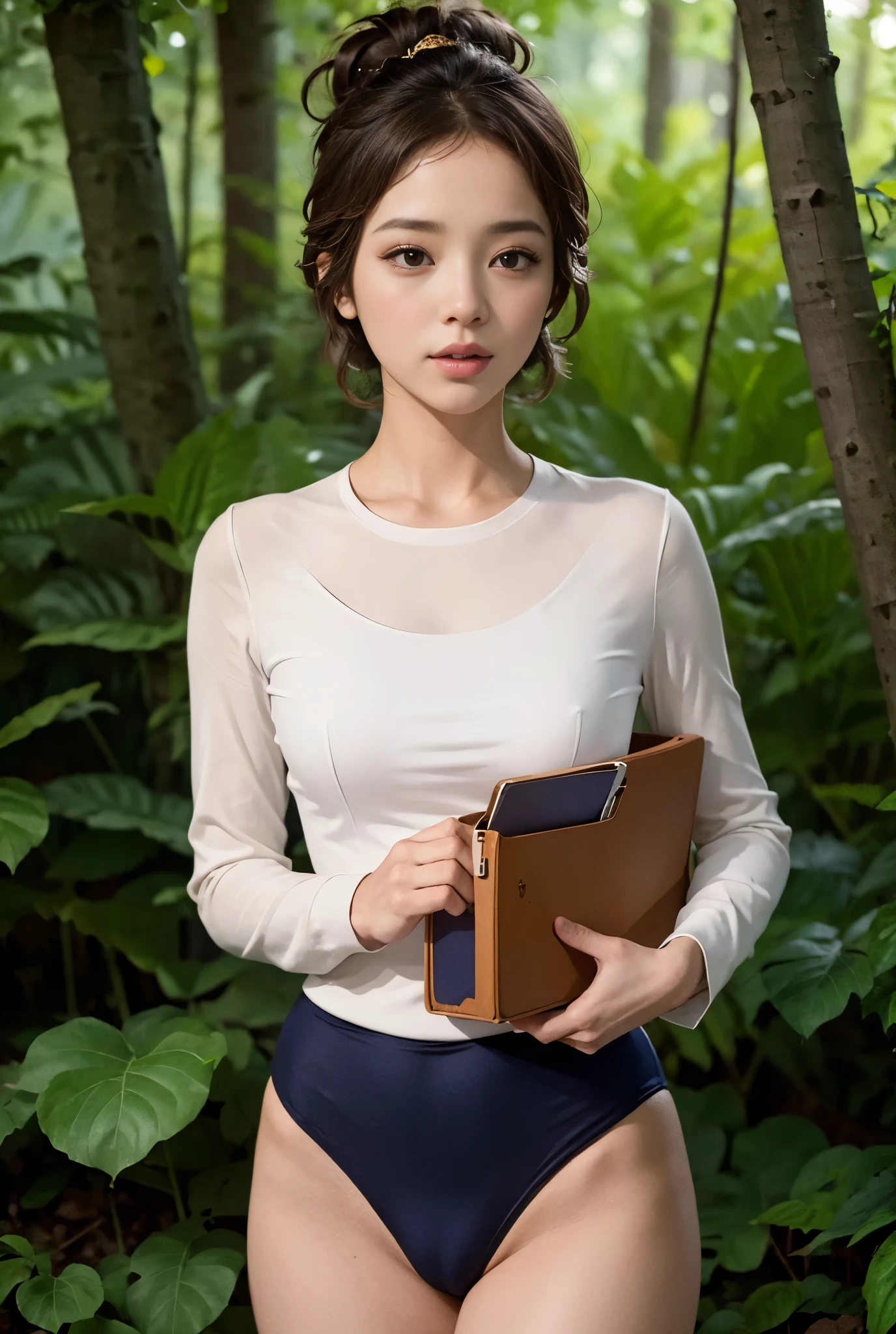 (masterpiece, highest quality), 1 girl, beautiful face, beautiful body, wearing a Black gymnastics bloomers, High leg、white blouse, cowboy shot、Are standing、full body portrait、alone, complex details, enlarged textures, complex details, finely detailed eyes and detailed face, intricate details, (closed mouth), perfect eyes, equal eyes, perfect body, extremely detailed, (), extremely realistic 3d,In a dark forest、