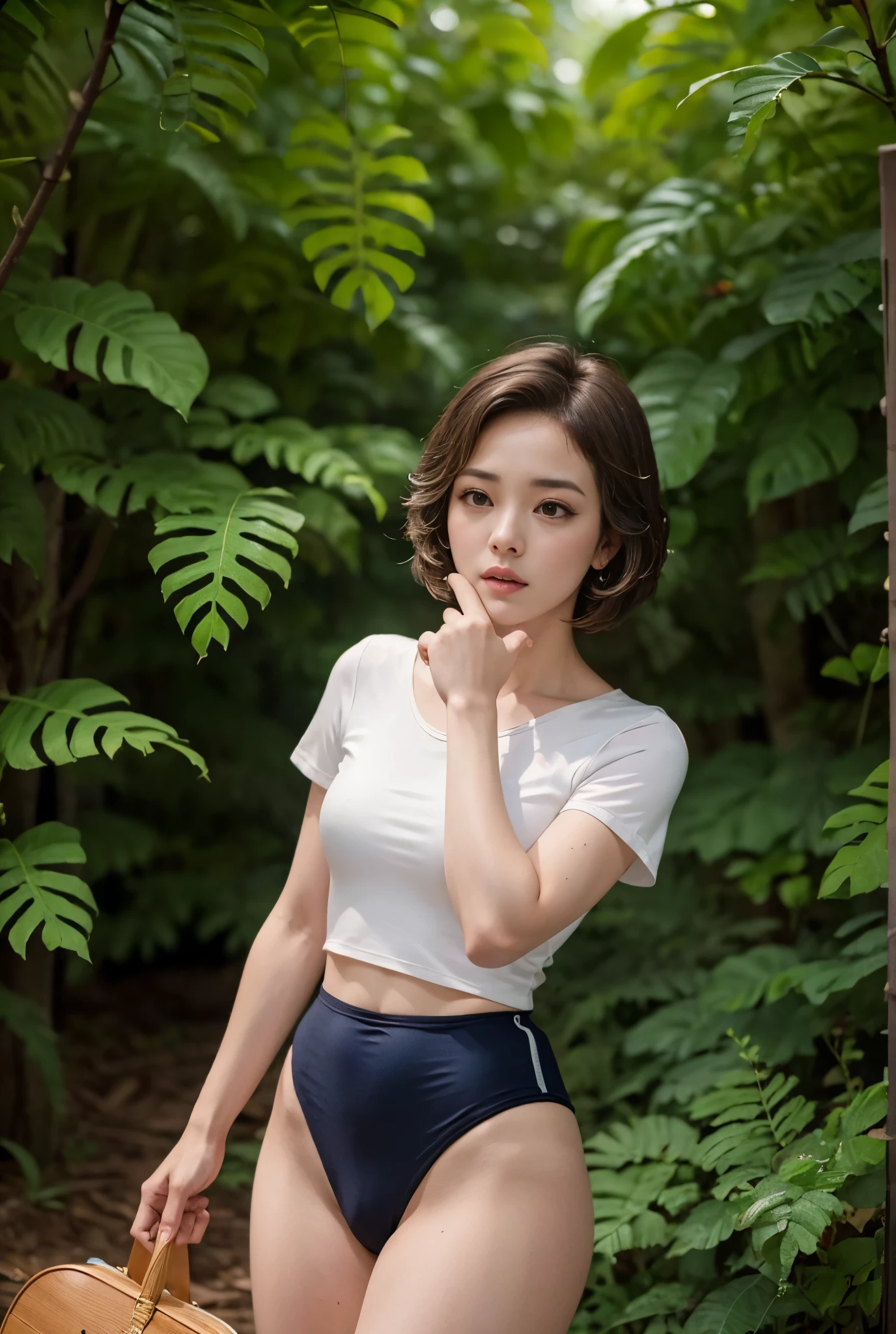 (masterpiece, highest quality), 1 girl, beautiful face, beautiful body, wearing a Black gymnastics bloomers, High leg、white blouse, cowboy shot、Are standing、full body portrait、alone, complex details, enlarged textures, complex details, finely detailed eyes and detailed face, intricate details, (closed mouth), perfect eyes, equal eyes, perfect body, extremely detailed, (), extremely realistic 3d,In a dark forest、