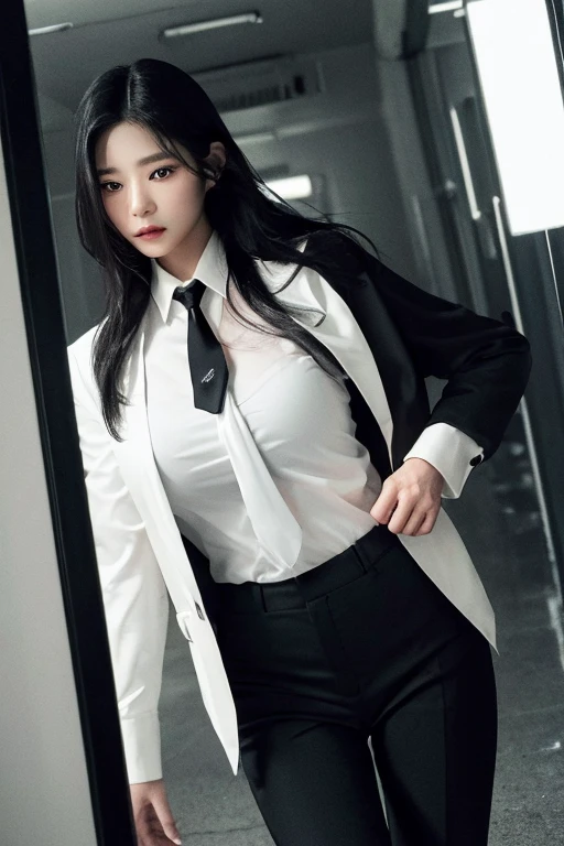 Long black hair girl in black suit　Red tie, black trousers　tall　Slightly larger breasts　With bangs　Thin legs