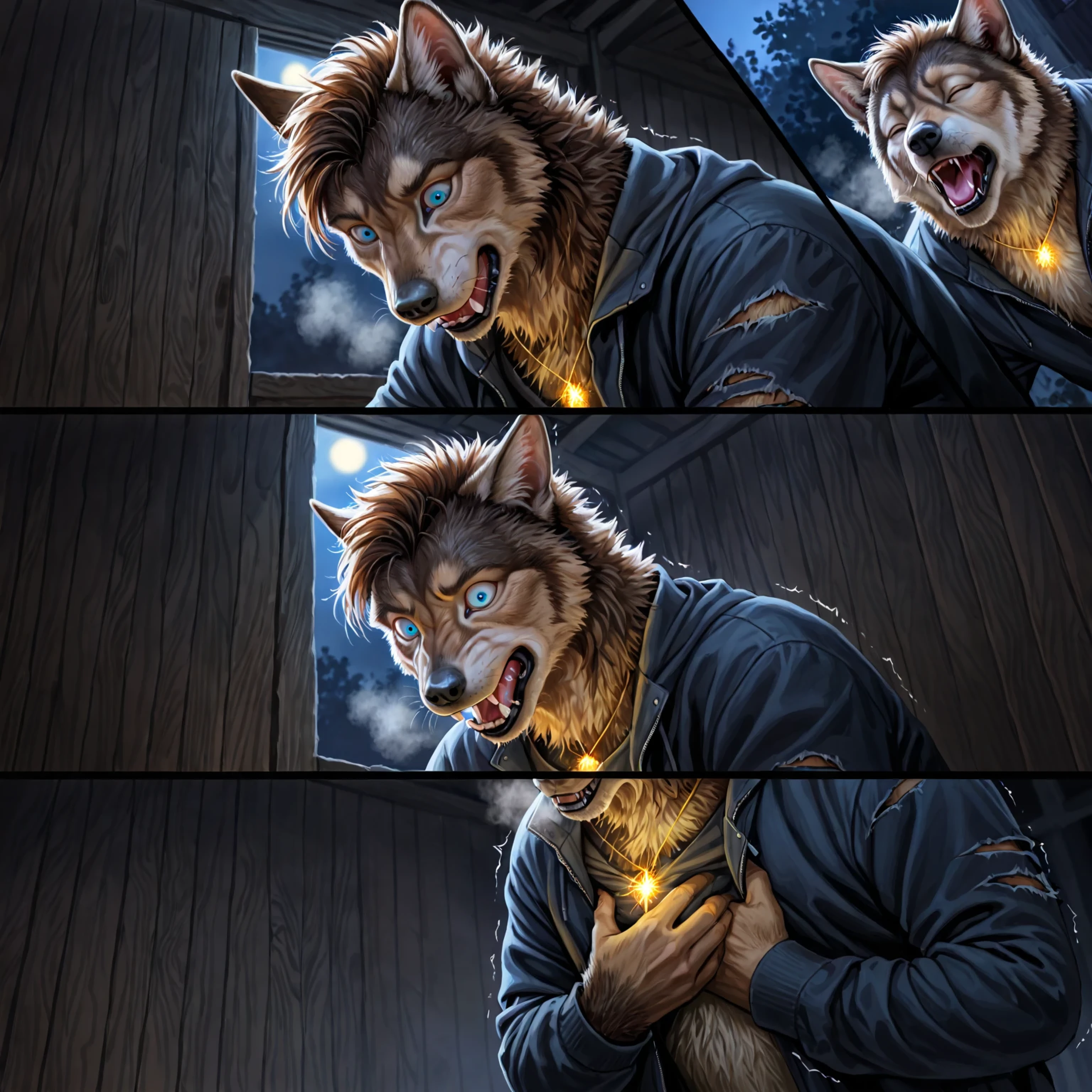 Mutated:1.2, collage, hand to chest, grabbing jacket, ultra closeup face:1.3, head down, push out, close-up detailed eyes:1.3, low angle, transformation into a wolf, animal, mid transformation, brown hair:0.4, beautiful face, lips, nose, cheeks, [brown fur: human skin:0.2], shed, human blue eyes, hard breathing, steam, puzzled face, shocked, glowing necklace, shaking, torn jacket,gold light, narrow corridor, hall, porch, window, night, realistic fantasy illustration, darkness, commission for high res, nsfw, not safe for work, dramatic glimpse, (Ultra-detailed, Realistic), 4k, 8k, masterpiece, high resolution, hd, full colour, 4k, high definition, sharp focus, smooth, Professional, cinematic, extreme detail, (high detail) description, deep shades:1.2, best quality,))