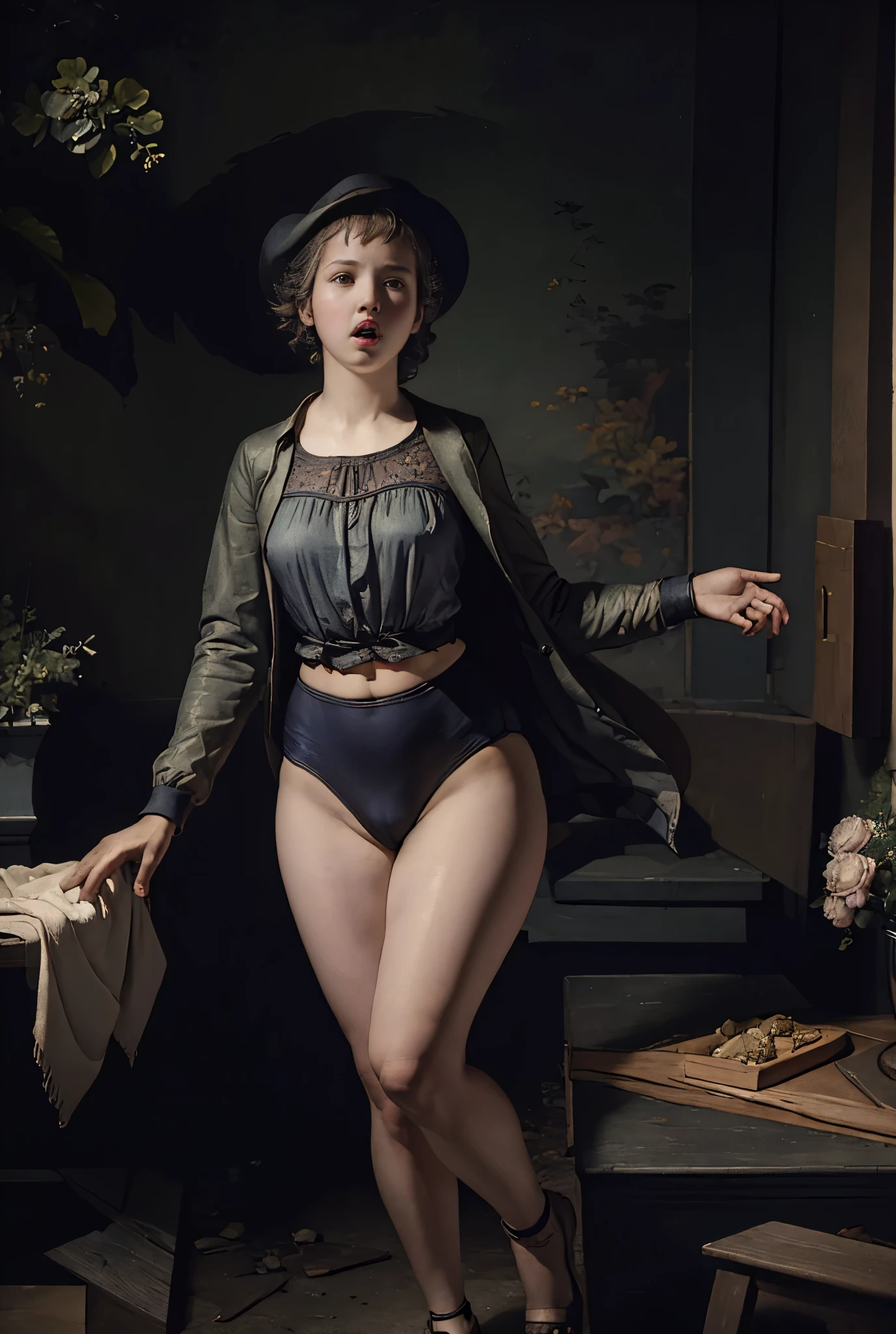 (masterpiece, highest quality), 1 girl, beautiful face, beautiful body, wearing a Black gymnastics bloomers, High leg、white blouse, cowboy shot、Are standing、full body portrait、alone, complex details, enlarged textures, complex details, finely detailed eyes and detailed face, intricate details, perfect eyes, equal eyes, perfect body, extremely detailed, (), extremely realistic 3d,While taking off her bloomers,Scared girl、shout、Convulsing with fear、 in ruins、Abandoned castle、Gothic style Western-style building,廊下を歩く、