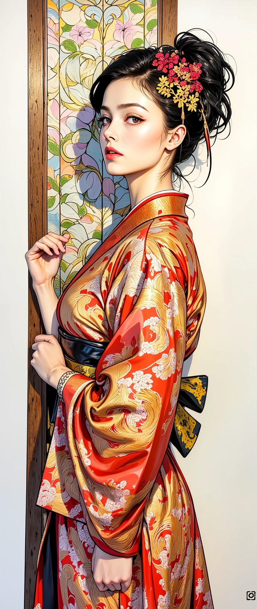 pop art、Digital Art、drawn with brown ink on white paper、 Japanese kimono、White and brown brushstrokes、 a sad expression 、upper body、The thin oblique 、very detailed and dynamic、 express shadows with precise lines 、Delicate and accurate expression、salvia dancing in the background、 modern art 、Stroke Style、Orange Filter、Stained glass