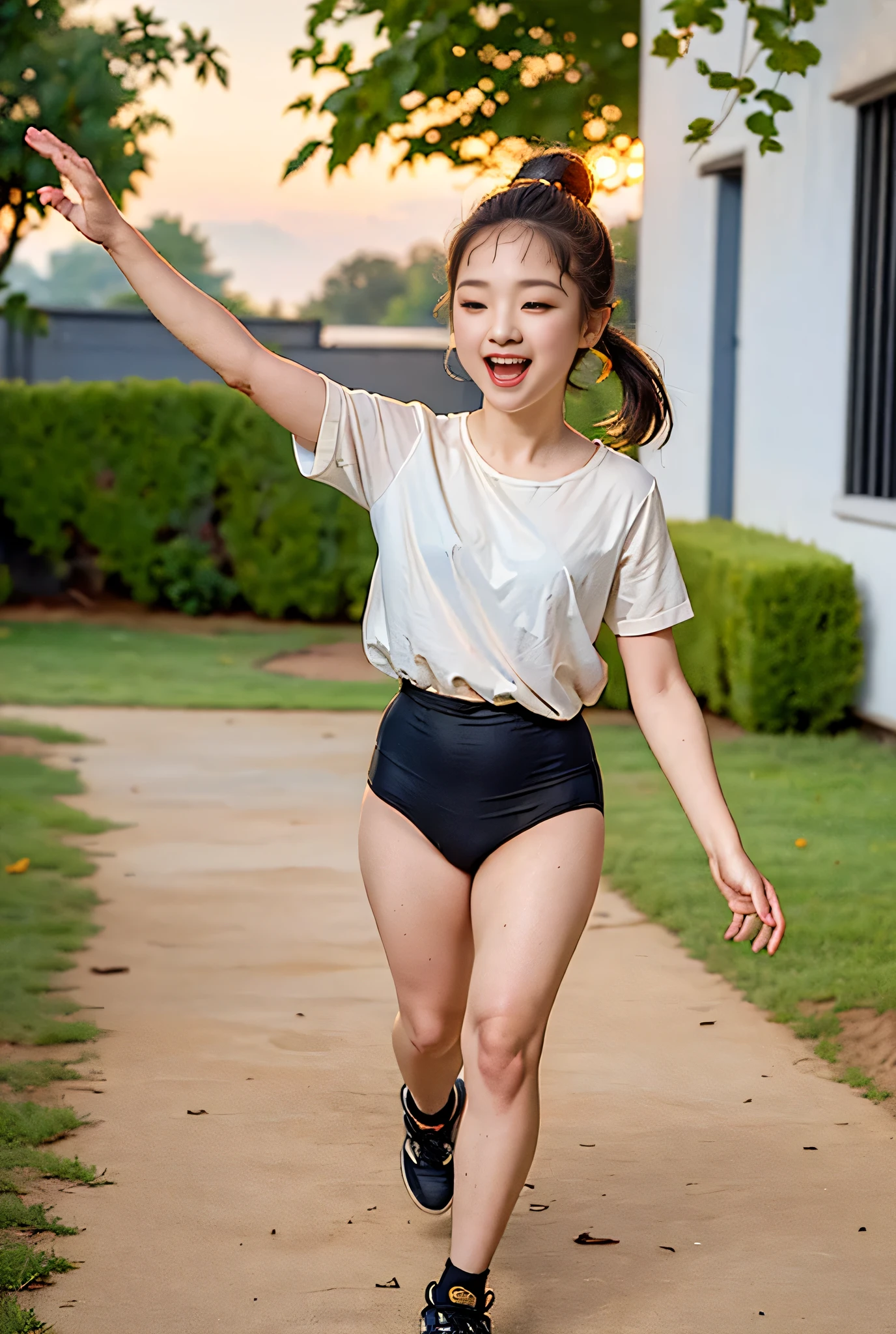 (masterpiece, highest quality),masterpiece, best quality, ultra detailed, cinematic lighting, golden hour sunset, nostalgic and energetic atmosphere,
a cheerful black-haired cute girl with a high ponytail runs at the front of her friends, holding a thin and long wooden branch like a sword,
her expression bright and fearless, laughing as she leads the charge, wind through her hair,
wearing a white blouse with rolled-up sleeves ,black gymnastics bloomers,high leg, sneakers, the hem fluttering with motion,
behind her, her childhood friends chase after her, laughing joyfully, forming a lively diagonal composition full of movement,
dust and golden light swirl around their feet, creating trails of motion,
old wooden houses and utility poles line the street, illuminated by warm sunset tones,
leaves scatter in the wind, emphasizing the speed and freedom,
the thin branch catches the sunlight like a glimmering line,
the whole scene radiates youthful energy and pure joy — the essence of the golden age of childhood.wearing a black gymnastics bloomers,high leg,