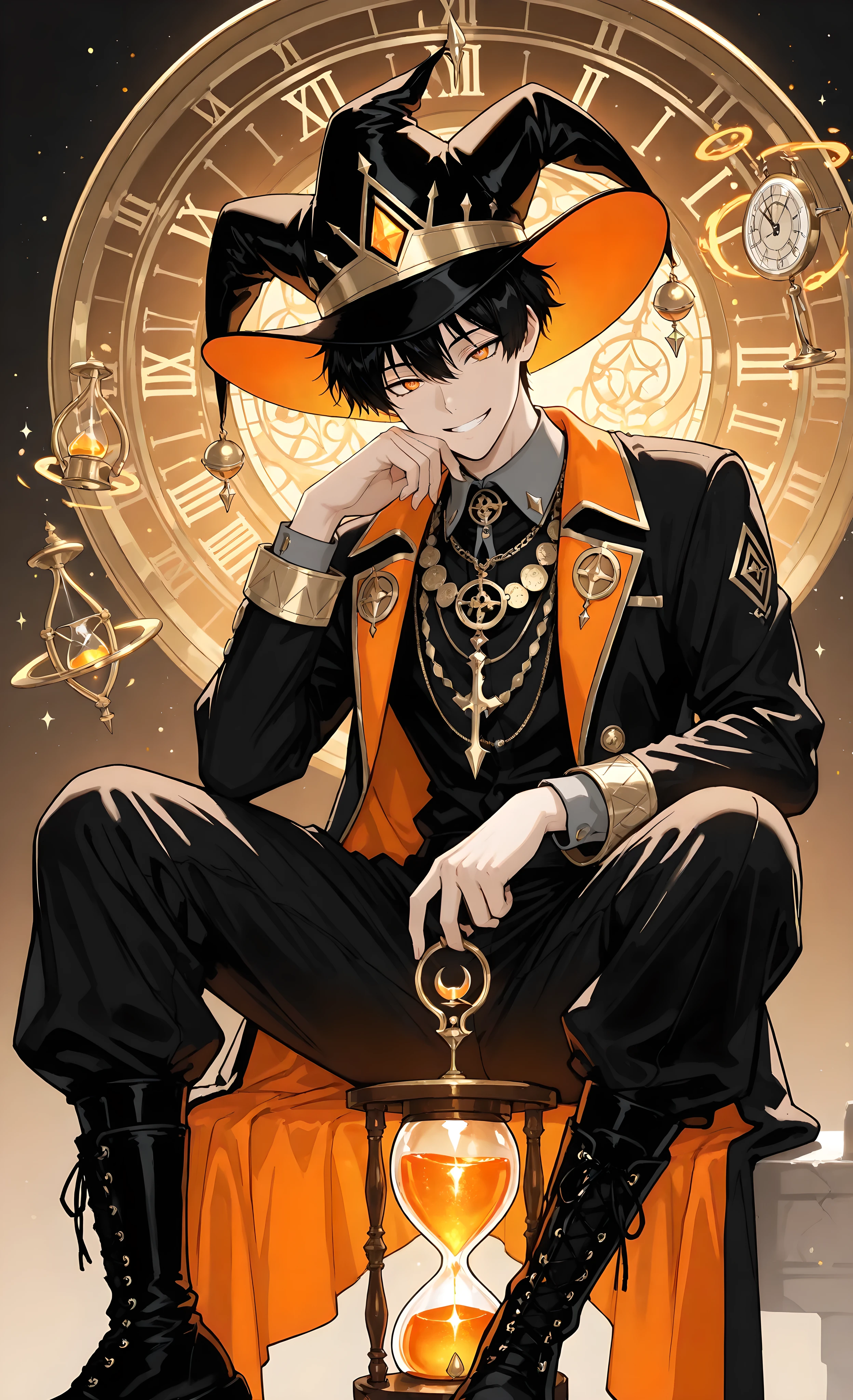masterpiece, best quality, ultra-detailed, anime style, 1male, solo, male, black hair, orange eyes, mischievous grin, wearing black jester hat with gold bells, high-collared shirt, layered necklaces, boots with orange accents, sitting with legs extended, one hand resting on chin with clawed fingers, other hand extended forward holding hourglass, large clock face behind him, floating numbers, glowing hourglass, time master, focused lighting, warm glow, gradient background gray to pale orange, slightly sinister playful atmosphere, time manipulation theme