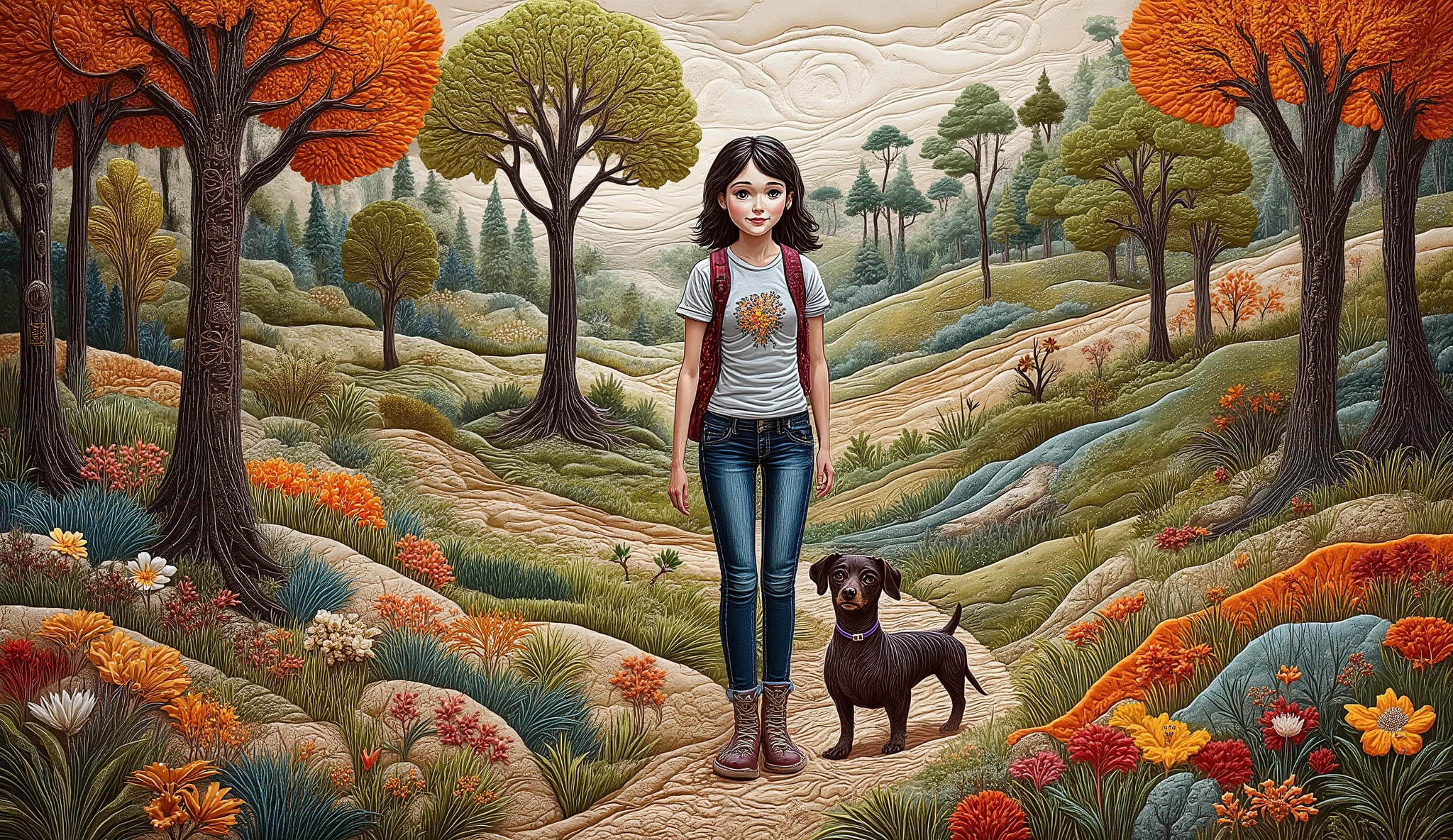 a girl with her dog taking a walk through the trees in autumn, leaves fly with the wind, she walks with her dog dachshund, she wears jeans and a t-shirt, DESIGN STYLE WITH A BACKPACK ON THE BACK.