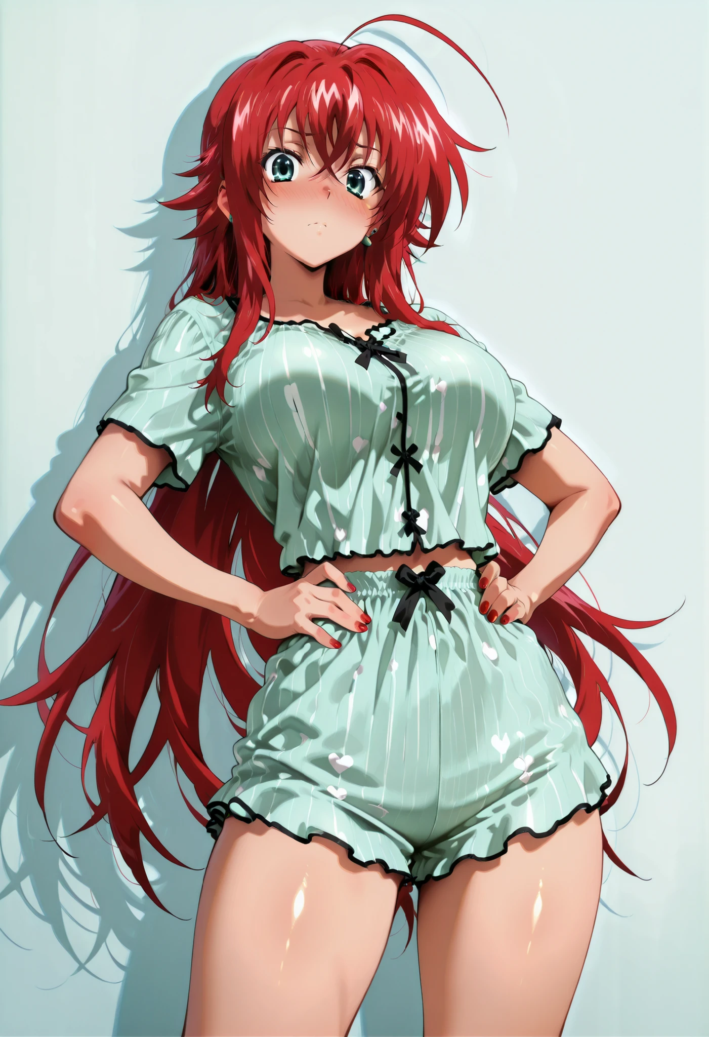 rias gremory, huge ahoge, long hair, hair between eyes, green eyes, red hair, nail polish, red nails, earclip, shiny skin, shiny hair, shiny body, clear body, nose blush, nice legs, nice legs, looking at viewer, standing, nice legs, ht_pajamas,laces, leaning back,, hands on hip,