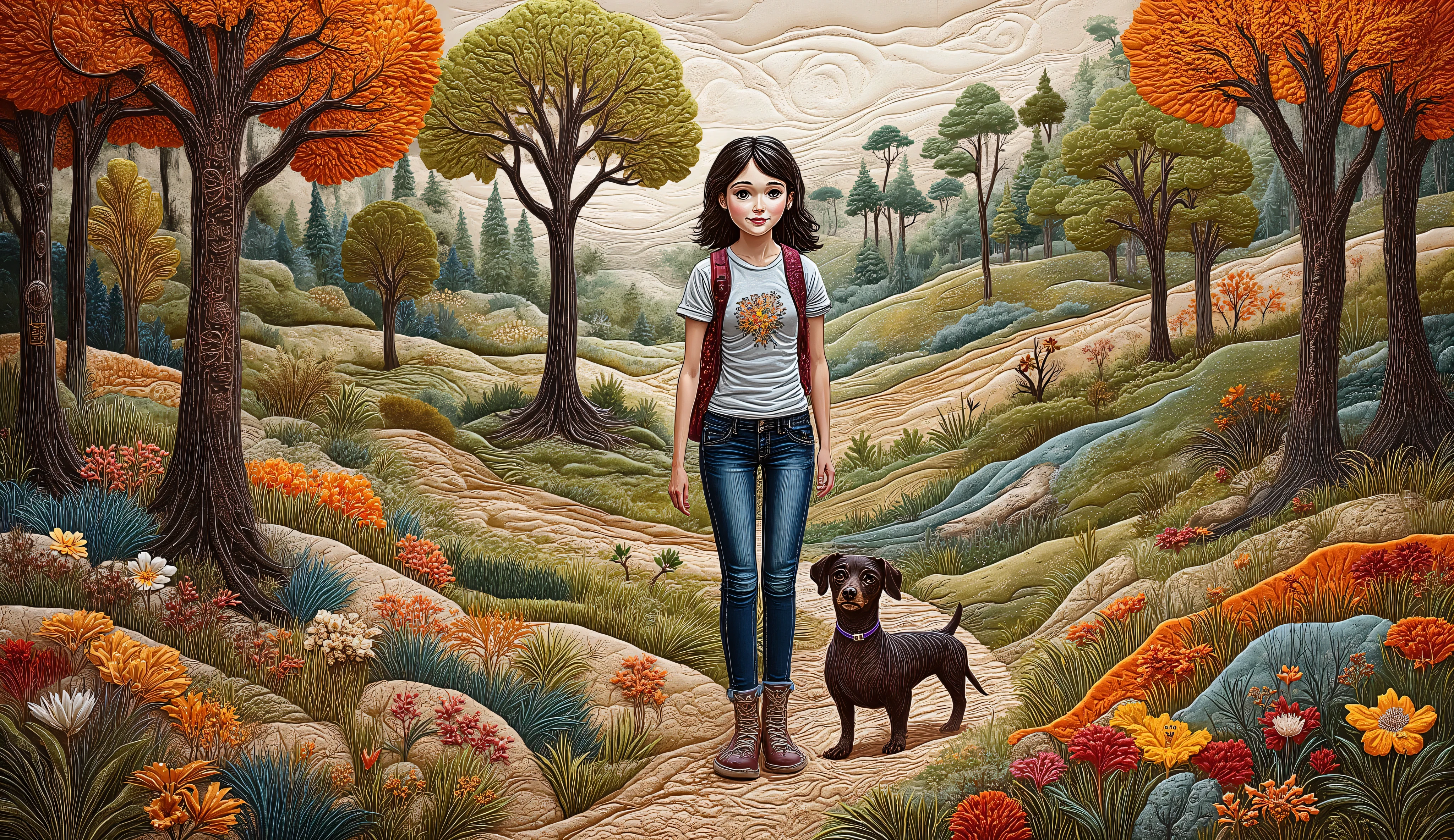 a girl with her dog taking a walk through the trees in autumn, leaves fly with the wind, she walks with her dog dachshund, she wears jeans and a t-shirt, DESIGN STYLE WITH A BACKPACK ON THE BACK.