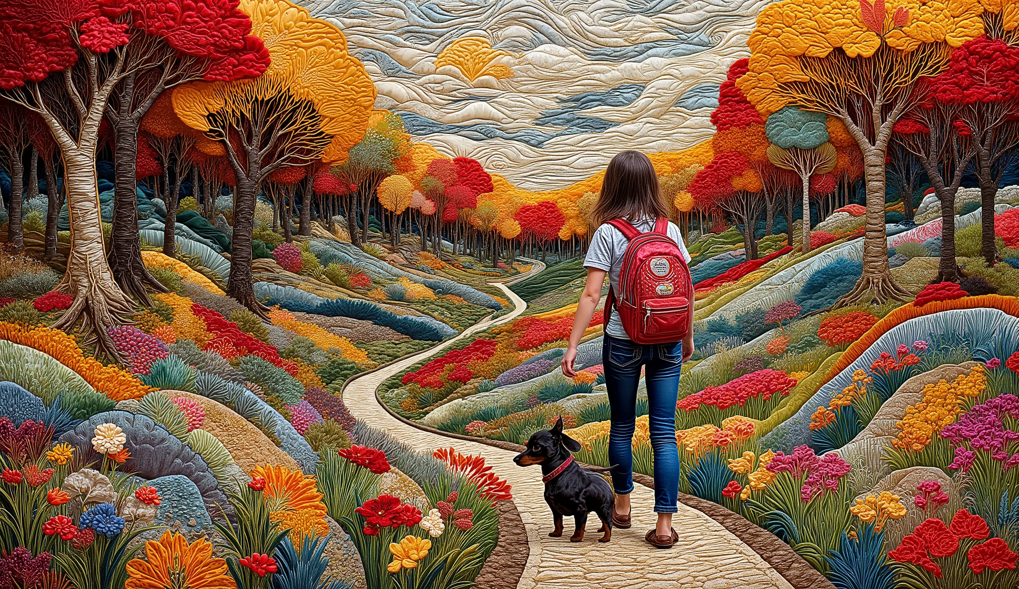 a girl with her dog taking a walk through the trees in autumn, leaves fly with the wind, she walks with her dog dachshund, she wears jeans and a t-shirt, DESIGN STYLE WITH A BACKPACK ON THE BACK.