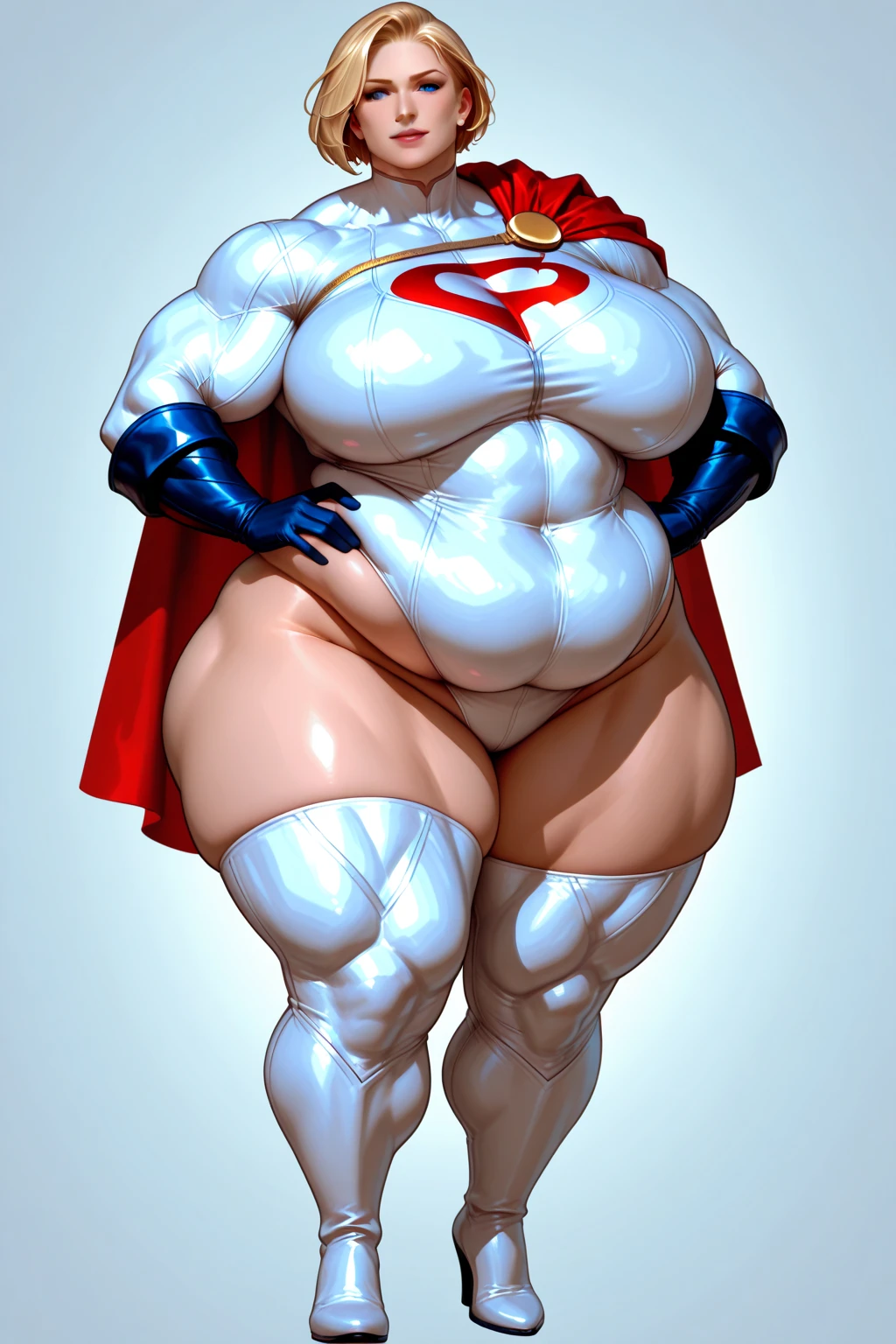 FULL BODY. A BUSTY  ATHLETIC FEMALE WITH SHORT BLONDE HAIR, BLUE EYES WEARING A WHITE TURTLE NECK LEOTARD WITH LONG SLEEVES, A LARGE ROUND CLEAVAGE CUT OUT HOLE ON THE ?????, BLUE GLOVES, BLUE BOOTS, A RED BELT WITH A GOLD CIRCLE, A LONG RED CAPE ATTACHED AT THE NECK. (LARGE THICK ROUND ?????:1.2). ABSURD 8K RESOLUTION, DYNAMIC BACKGROUND.