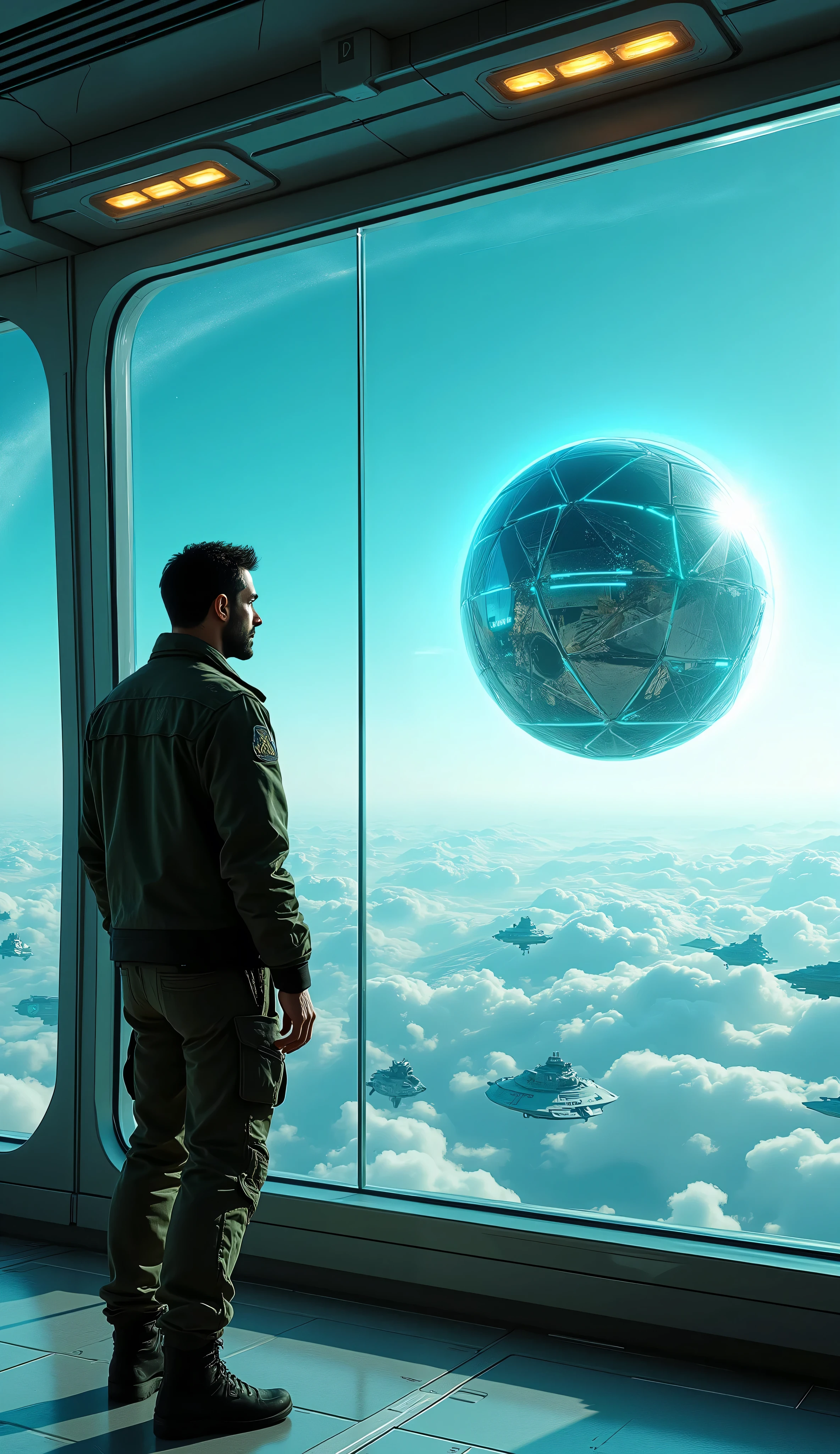 Alien spaceship with a person sitting inside the open window with space and planets in the background 