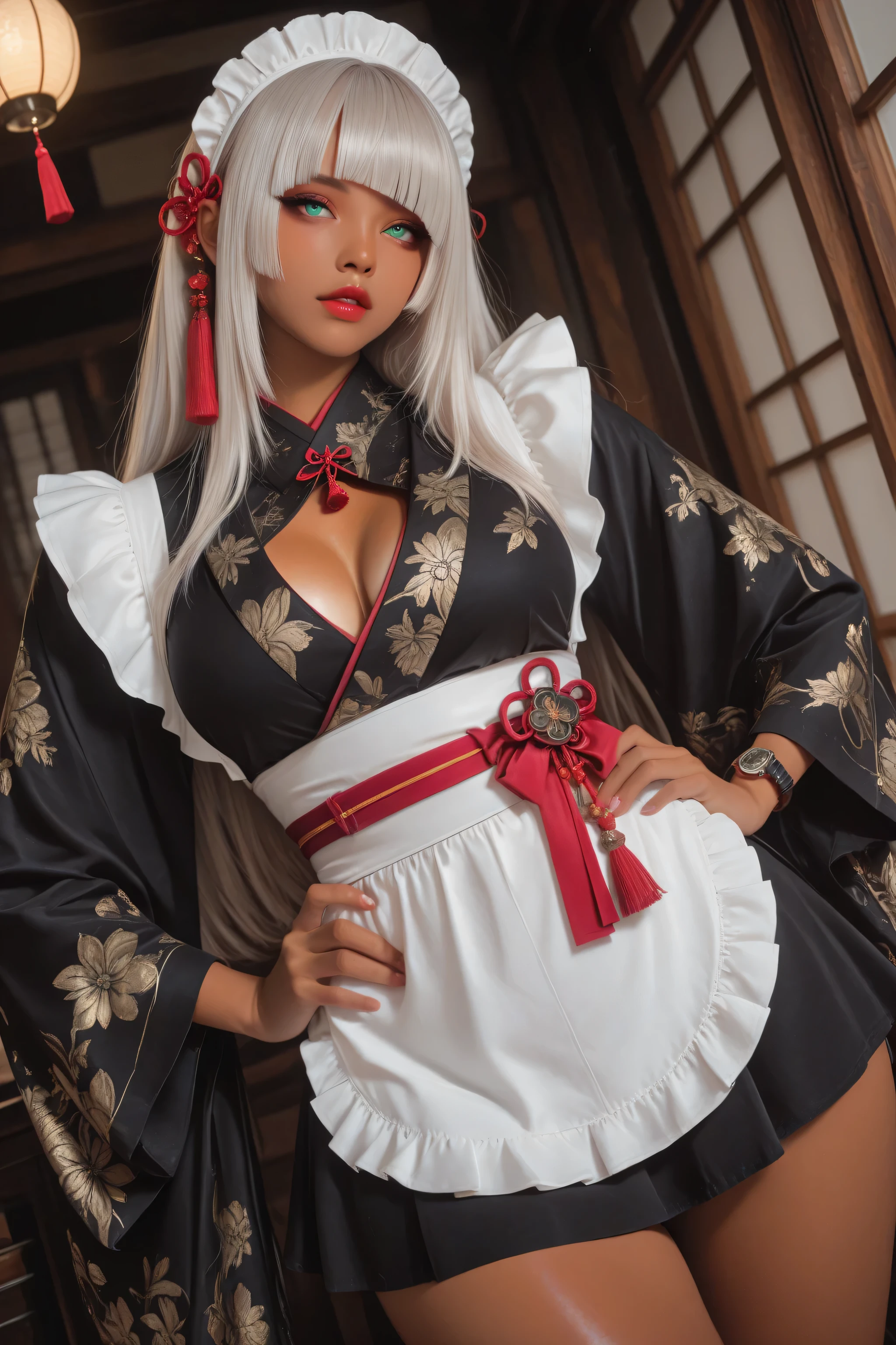 masterpiece, details_eye, high_Quality, Highest_Quality, highres, theme_focus, Depth_of_on distorti s, dynamic lighting, dynamic angle, シースルーof服, chest, clean skin, Natural Skin, Charming and delicate 大きい eye, aqua eyes, Charming, 大気of遠近感, Brown Beauty, [dark skin] ,(dark tan skin:1.64),  curvy, perfect female body, tall, diagonal bangs, hime cut,
voluptuous,
1girl, aprons, Bang, Silver Hair, chest, 褐色of肌, aqua eyes, frilled aprons, frills, Gradation by JM, Gradation by JM background, 灰色of背景, hair ornaments,  kimono, jingle bells, Kimono, lips, long sleeve, watch viewers, maids, maids aprons, maids headdress, Obi , parted lips, red lips, red ribbon, band, miniskirt touching her hips, solo, Tassel, wa maids, waist aprons, white aprons, wide sleeve, Open Chest, shoulder out