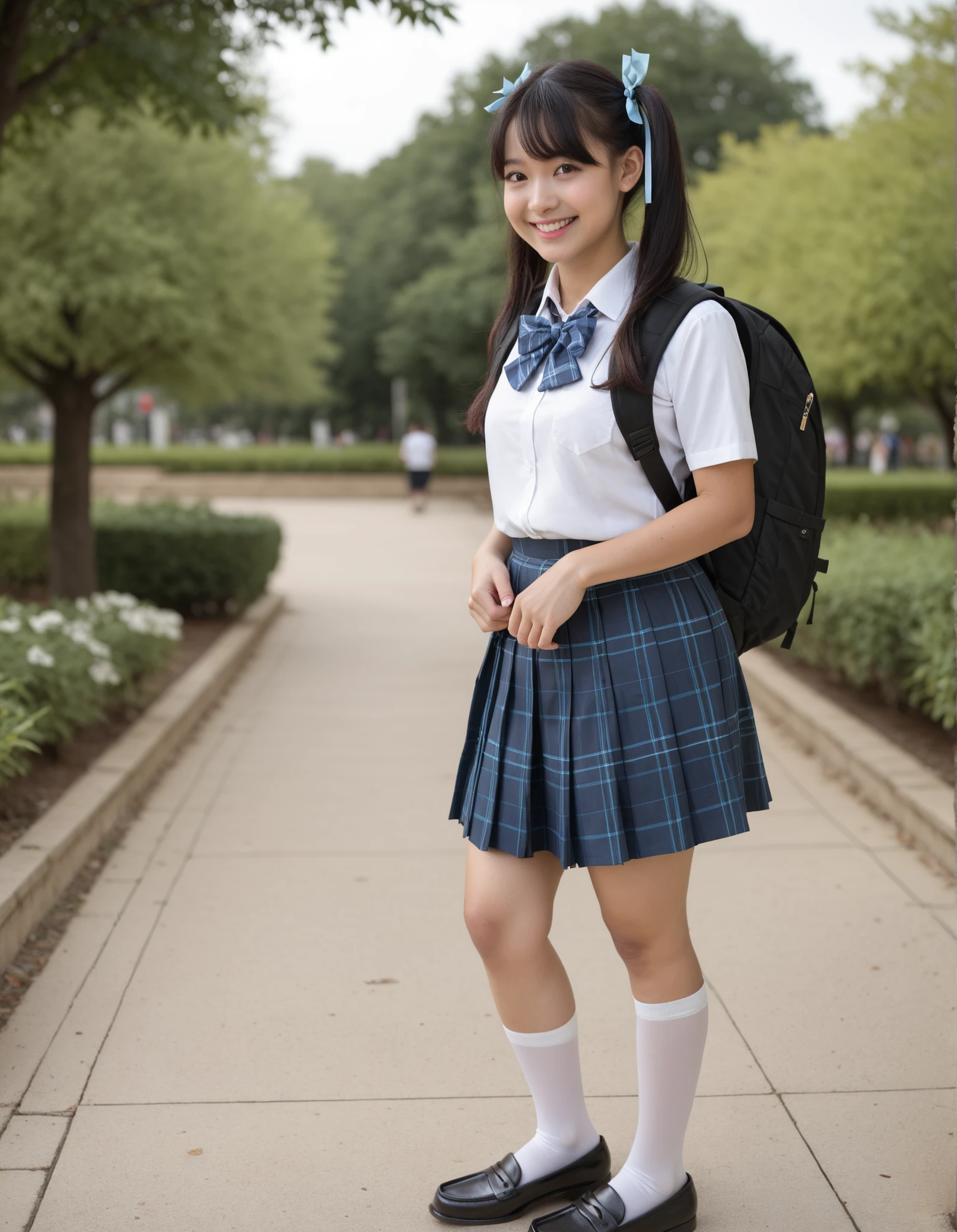 Masterpiece, hd, best quality, realistic, 1girl, black hair, twintails, hair ribbon, yellow eyes, smile, happy, hair ribbon, school uniform, wearing white collared shirt, short sleeves, blue bowtie, dark blue plaid skirt, white thighigs, standing, outdoor, park, fullbody, black loafers, wearing backpack