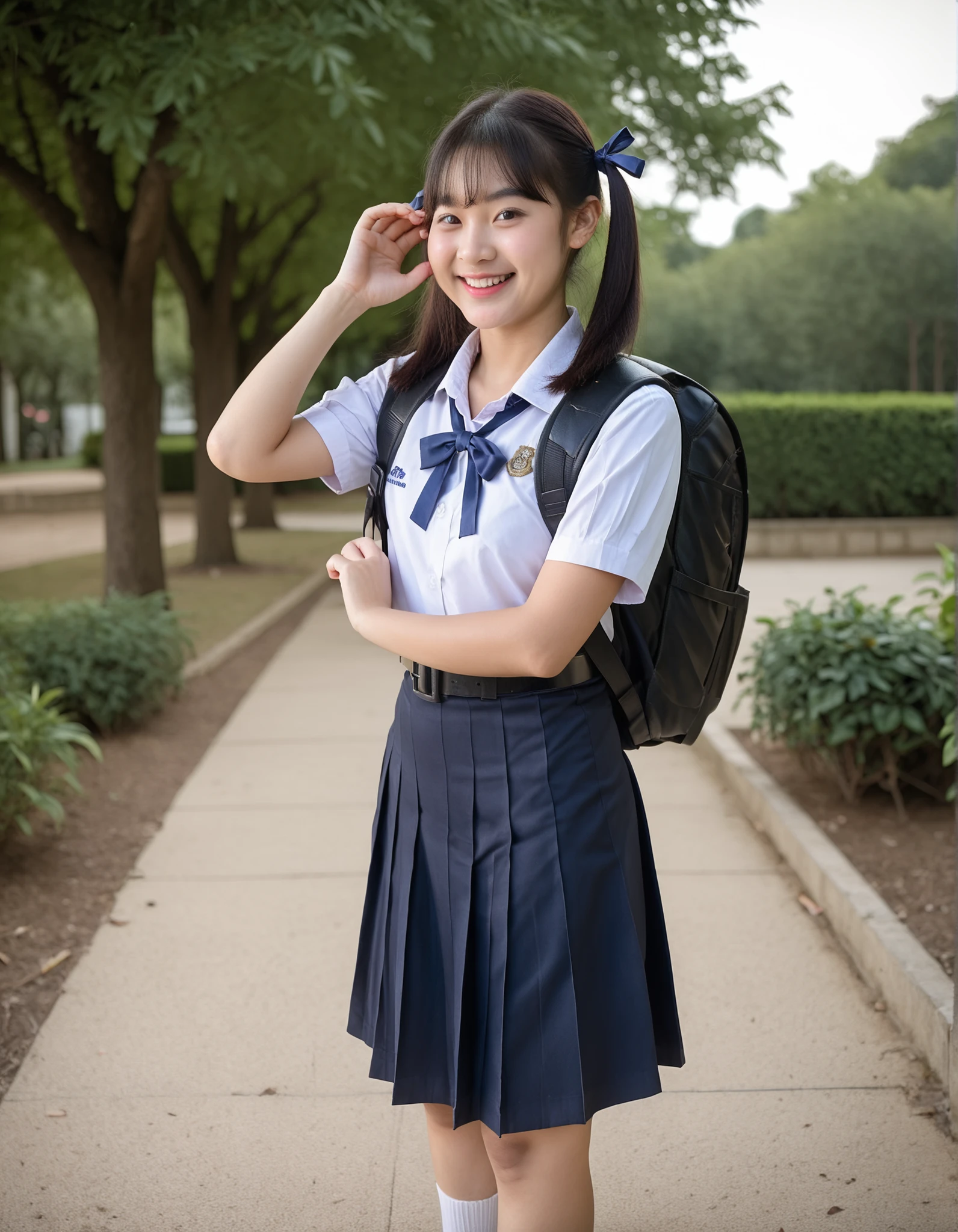 Masterpiece, hd, best quality, realistic, 1girl, black hair, twintails, hair ribbon, yellow eyes, smile, happy, ribbon,Thai school uniform, wearing white collared shirt, short sleeves, blue neck ribbon, belt, dark blue pleated skirt, white socks, standing, outdoor, park, fullbody, black loafers, wearing backpack