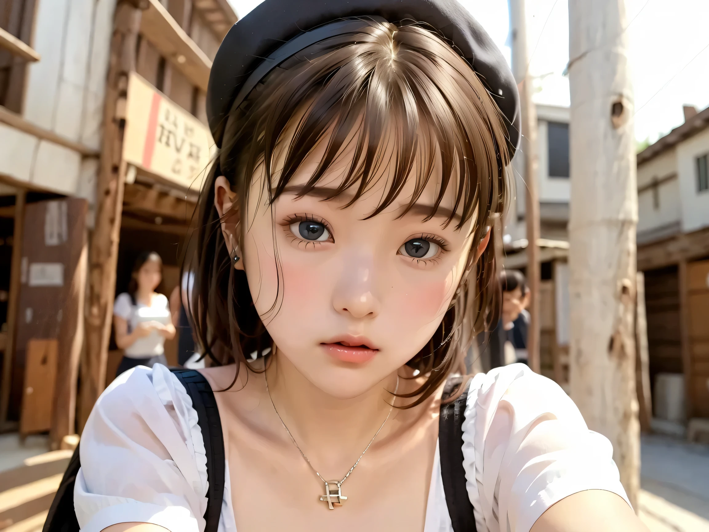Woman delivering mail on bicycle、(cute woman, Adorable Heroine),( On:1.25),1girl, cowboy shot, troubled expression,
Postman, 18, small breasted,small breasted、flat chest、(small top:1.6)、
black cap,Red Bicycle,big black bag,dark blue uniform
Pink Eye,staring at people,big eyes、double eyelids、
face close-up:1.7、Please take a larger picture of her gentle expression、Upper Body Pictures、Portrait、
Japanese Postman、
masterpiece,top quality,great quality,Newest,
(Real skin:1),
