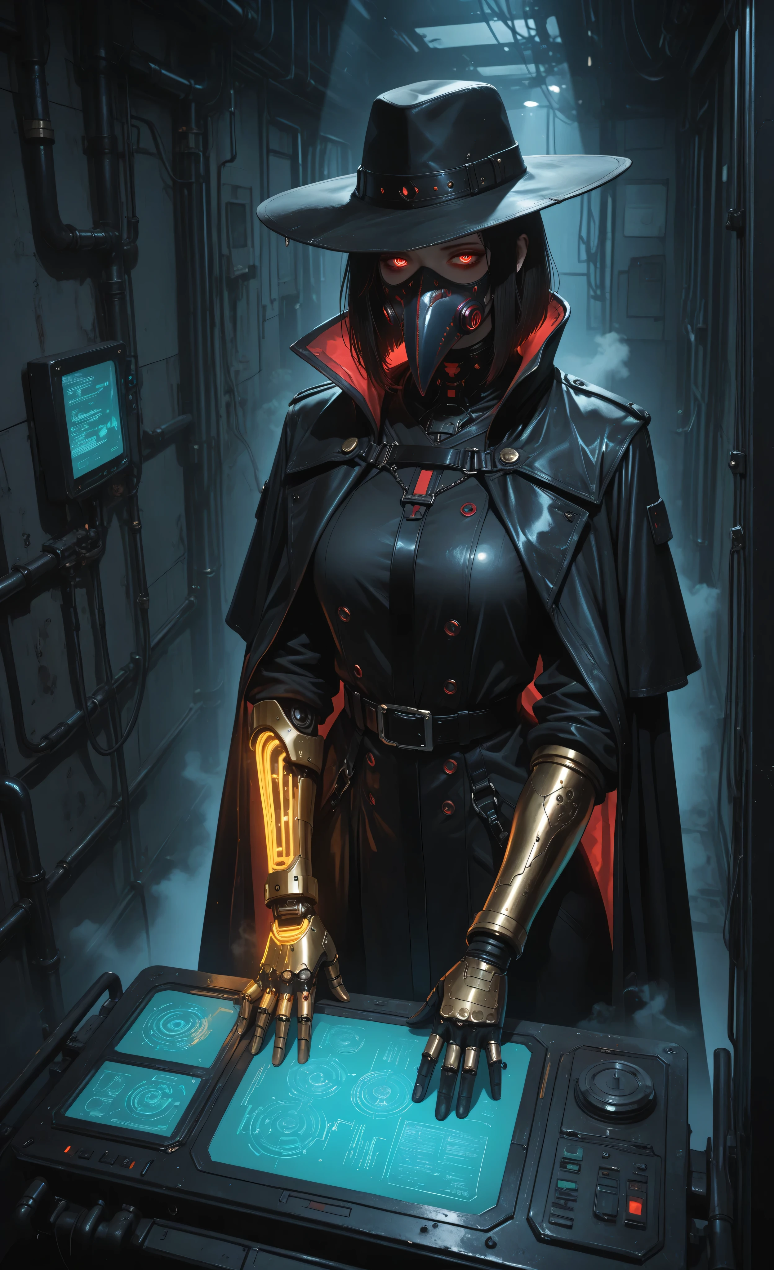 (masterpiece, best quality, ultra detailed, 8k, cinematic lighting, dark cyberpunk atmosphere:1.3),
medium shot of beautiful female cybernetic plague doctor with iconic beaked mask and glowing crimson lenses, wearing tattered dark leather coat with metallic accents, wide-brimmed hat, golden cybernetic arm, asymmetrical arms, detailed pauldrons, royal-style cape,
leaning against medical console, golden arm scanning holographic data while human hand adjusts mask, three-quarter view showing both arms clearly, cape draped over equipment,
Environment: dark cyber-medical chamber, low lighting, dark metal walls with condensation, broken holographic displays flickering weakly, abandoned surgical equipment in shadows, spotlight from above, thick atmospheric fog, exposed wiring on walls,
Mood: haunting, isolated, mysterious,
Color palette: deep blues, dark metals, crimson accents from mask, golden arm glowing warmly,
volumetric lighting, chiaroscuro, high contrast,
gothic cyberpunk aesthetic, detailed background, sharp focus