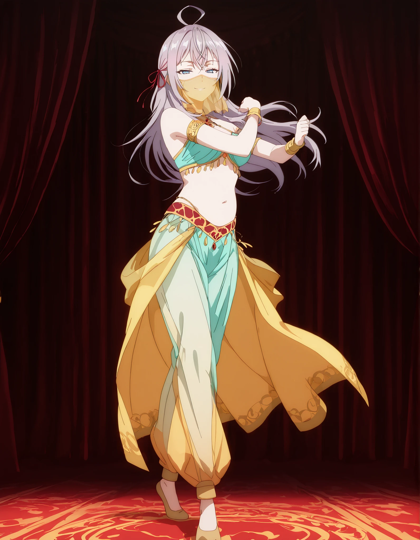 (1girl:1 . 5) , (Seul:1 . 5) , score_9 , score_8_haut , score_7_haut , source_anime , Official work  , ultra-detailed , masterpiece , best quality , high resolution , beaux yeux , detailed eyes , Detailed face , beautiful detailed eyes,<lora:alisa-mikhailovna-kujou-s1-illustriousxl-lora-nochekaiser:1>,1girl,long hair, bangs, blue eyes, hair ribbon, ahoge, grey hair, red ribbon, anime screencap,Roshidere,Alisa Mikhailovna "Alya" Kujou,Arabian Clothes , Arabian Dancer Outfit ,belly dancer costume,belly dancer outfit ,full body,golden jewelery,mouth veil,armlet,belly dancing,arabian theater,seductive smile, dancing with veil, dynamic movement,dance posture, seductive pose