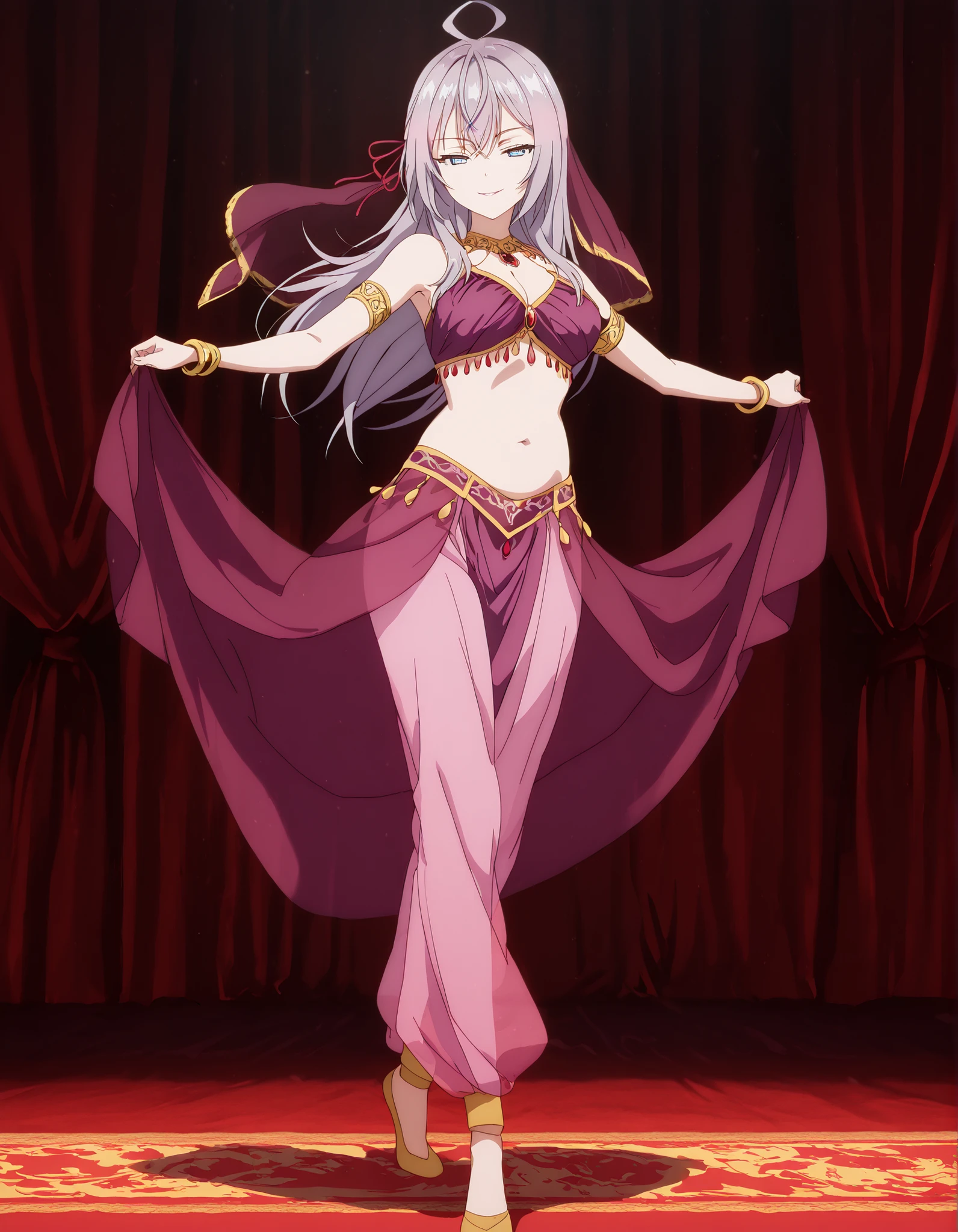 (1girl:1 . 5) , (Seul:1 . 5) , score_9 , score_8_haut , score_7_haut , source_anime , Official work  , ultra-detailed , masterpiece , best quality , high resolution , beaux yeux , detailed eyes , Detailed face , beautiful detailed eyes,<lora:alisa-mikhailovna-kujou-s1-illustriousxl-lora-nochekaiser:1>,1girl,long hair, bangs, blue eyes, hair ribbon, ahoge, grey hair, red ribbon, anime screencap,Roshidere,Alisa Mikhailovna "Alya" Kujou,Arabian Clothes , Arabian Dancer Outfit ,belly dancer costume,belly dancer outfit ,full body,golden jewelery,armlet,belly dancing,arabian theater,seductive smile, dancing with veil, dynamic movement,dance posture, seductive pose