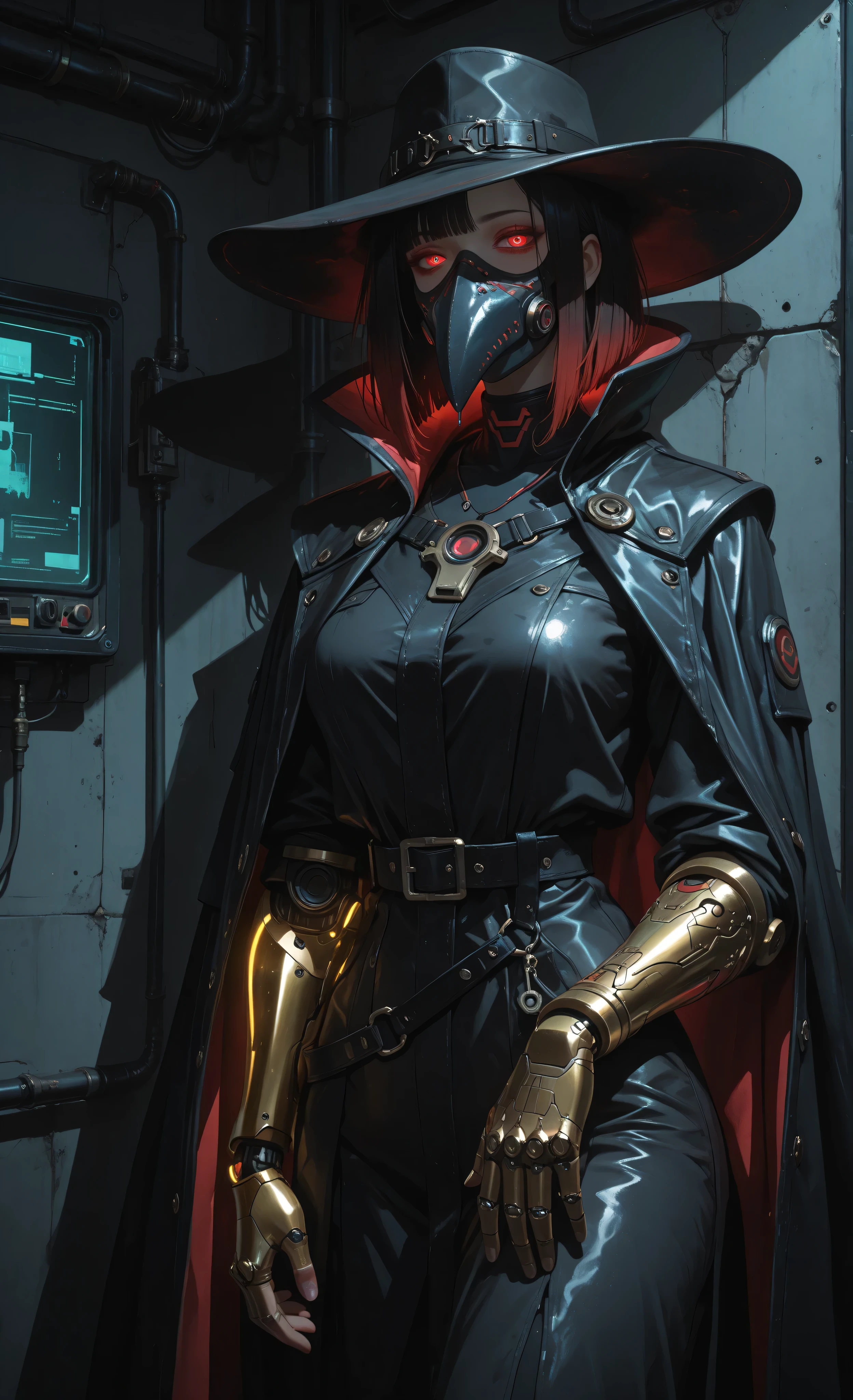 (masterpiece, best quality, ultra detailed, 8k, cinematic lighting, dark cyberpunk atmosphere:1.3),
1 beautiful woman, female cybernetic plague doctor, wearing tattered dark leather coat with metallic accents, iconic beaked mask with glowing crimson lenses, wide-brimmed hat,
(golden cybernetic arm:1.4), asymmetrical arms, detailed pauldrons, royal-style cape,
**environment: dimly lit cyber-medical chamber, low-key lighting,**
- **dark metal walls with dripping condensation,**
- **broken holographic displays flickering weakly,**
- **abandoned surgical equipment covered in shadows,**
- **single spotlight illuminating the doctor from above,**
- **thick atmospheric fog catching the light,**
- **exposed wiring and broken conduits on walls,**
**mood: haunting, isolated, mysterious,**
**color palette: deep blues, dark metals, crimson accents from mask, golden arm glowing warmly,**
**volumetric lighting, chiaroscuro, high contrast,**