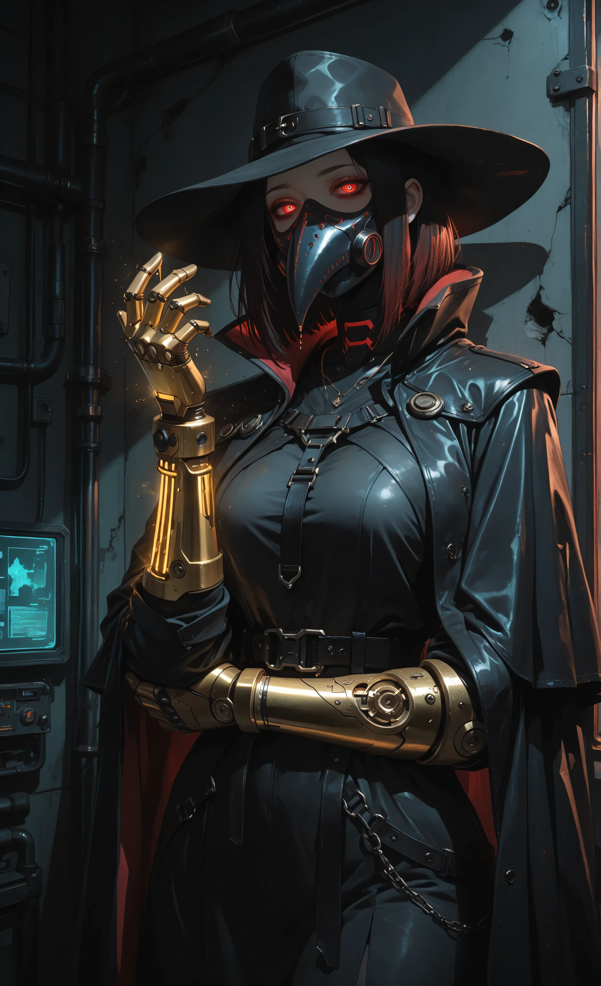 (masterpiece, best quality, ultra detailed, 8k, cinematic lighting, dark cyberpunk atmosphere:1.3),
1 beautiful woman, female cybernetic plague doctor, wearing tattered dark leather coat with metallic accents, iconic beaked mask with glowing crimson lenses, wide-brimmed hat,
(golden cybernetic arm:1.4), asymmetrical arms, detailed pauldrons, royal-style cape,
**environment: dimly lit cyber-medical chamber, low-key lighting,**
- **dark metal walls with dripping condensation,**
- **broken holographic displays flickering weakly,**
- **abandoned surgical equipment covered in shadows,**
- **single spotlight illuminating the doctor from above,**
- **thick atmospheric fog catching the light,**
- **exposed wiring and broken conduits on walls,**
**mood: haunting, isolated, mysterious,**
**color palette: deep blues, dark metals, crimson accents from mask, golden arm glowing warmly,**
**volumetric lighting, chiaroscuro, high contrast,**