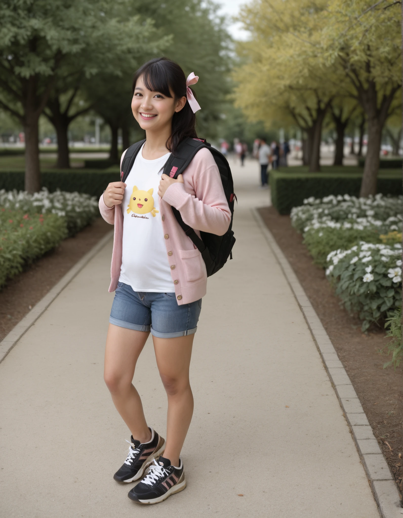 Masterpiece, hd, best quality, realistic, 1girl, black hair, ponyails, hair ribbon, yellow eyes, smile, happy, hair ribbon, white t-shirt, pink cardigan, denim minipants, standing, outdoor, park, fullbody, wearing white sneakers, wearing backpack