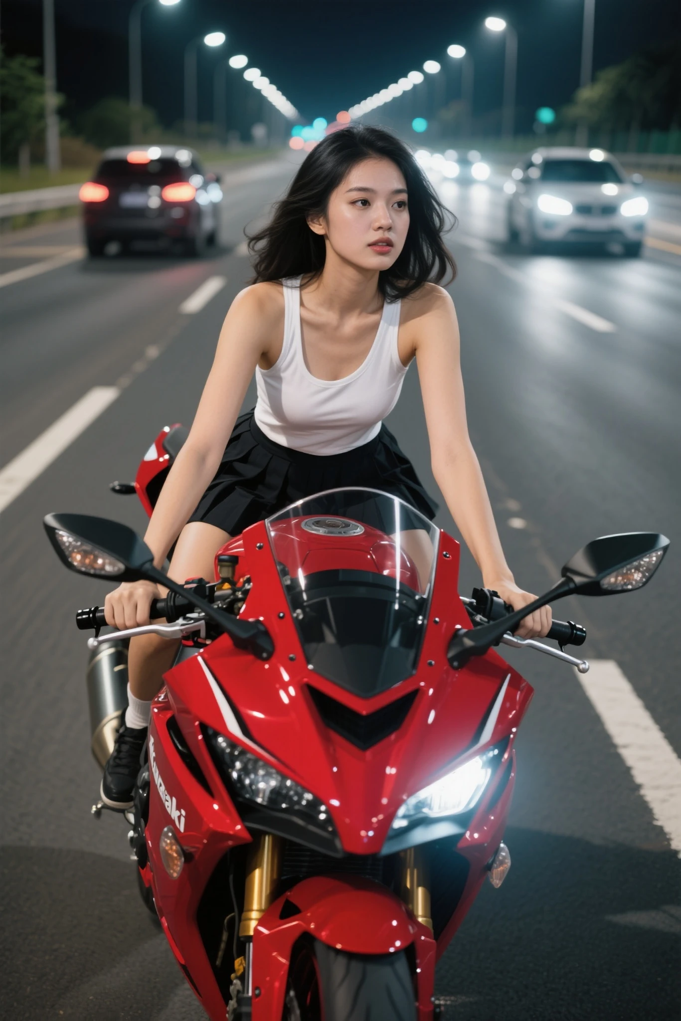 hight resolution、high-level image quality、in 8K、Real live-action、Raw photography、top-quality、​masterpiece、masutepiece、(Soft Saturation:1)、(depth of fields:1.2)、(Ray traching:1.2)、headlight、Blue glow、Shot diagonally from above、Sense of speed、((during night)), city night scene、The background is a beautiful neon cyberpunk Tokyo、city night scene、Neon light、blue light from headlights、Dynamic Poses、Dynamic camera angles、heavy wind、Big red motorcycle speeding through the city at night、((Run leaving a trail of light:1.2))、Young woman in red dress sitting on a big red motorcycle, Beautiful face、Beautiful face、(Red dress:1.2)、(Red short skirt:1.3)、white knee highs、(Red boots:1.2、Draw the toes:1.2)、perfect hand、perfect foot、perfect ankles、Perfect toes、Perfect toes、Perfect Heel:1.3、((Grasp the controller with both hands:1.2))、Slouched、put one'Upper body, Lower body:1.2、Sitting on the Ducati Panigale V4,Riding the Ducati Panigale V4, Sci-fi style bikes, Sci-fi style bikes, Ducati Panigale V4 Motorcycle Rider, How to ride the Ducati Panigale V4, (Draw left and right rearview mirrors:1.3)、(headlights shine blue:1.2)、picture of a female biker, motorbike,Motorcycle displacement: Ducati Panigale V4 Details、motion-blur、(white smoke from tires:1.1)、