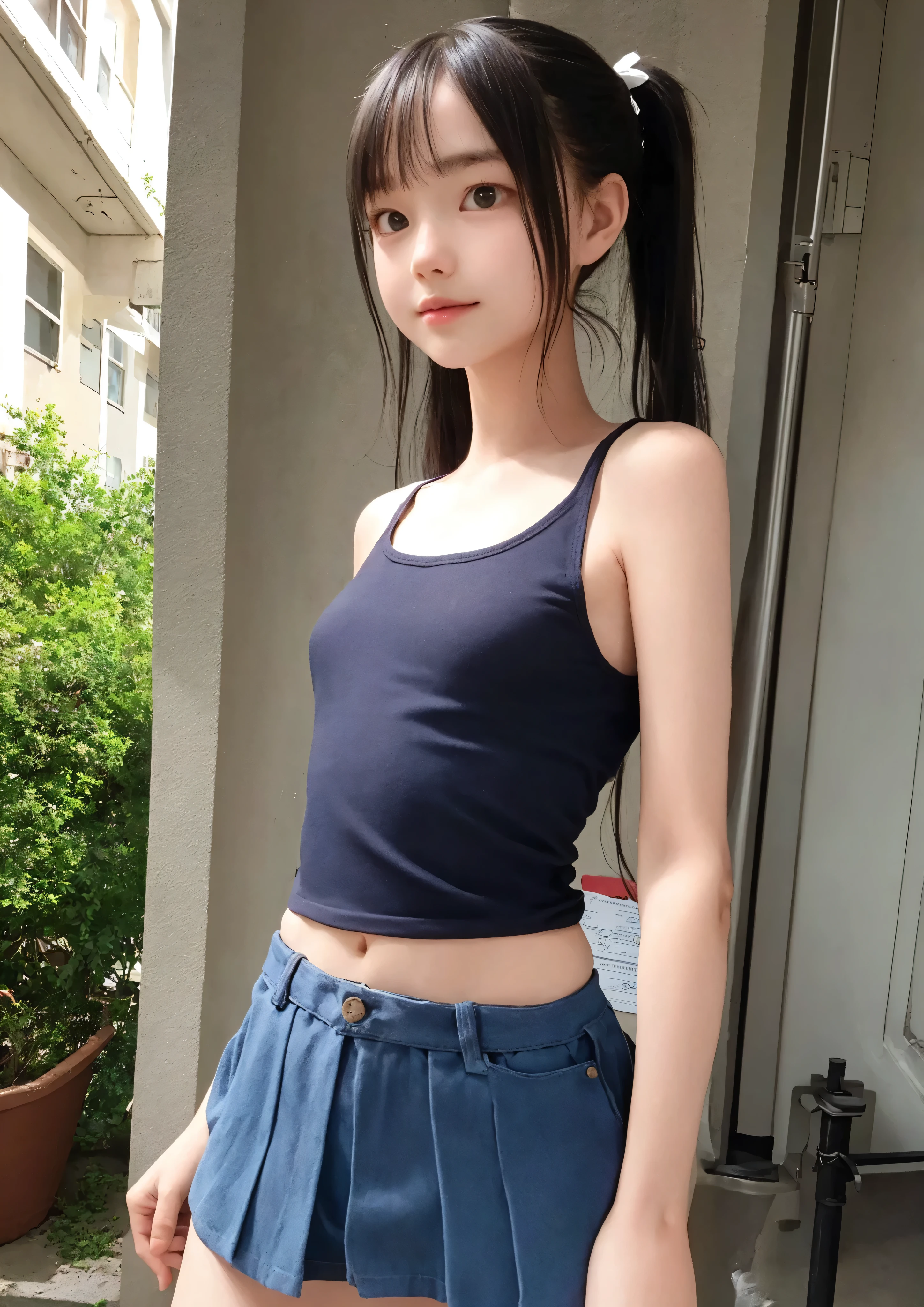 ((best image quality)),((PHOTO QUALITY)),(perfect face),(elementary school student),(thin body),Thin Arms,(luxury),girl,twin tail,tank top,white shoulders